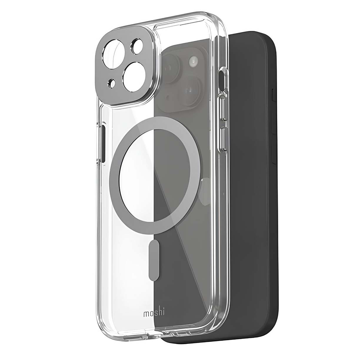 Una custodia trasparente per iPhone con anello magnetico grigio e protezione fotocamera. Dietro c'è un telefono nero, il marchio è Moshi.