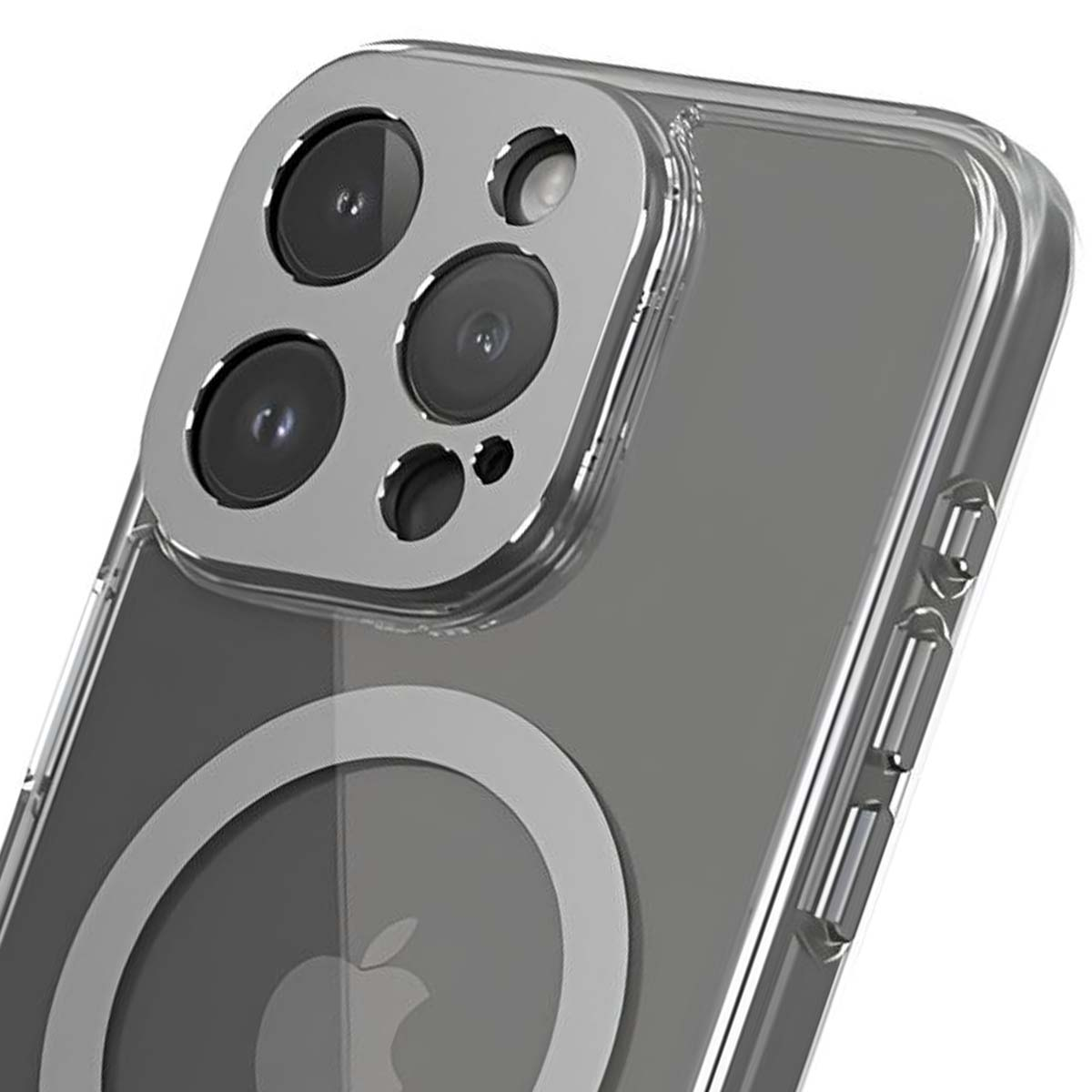 Una custodia trasparente per telefono con cornice argentata per la fotocamera. Il logo Apple è visibile. La custodia ha pulsanti e un anello MagSafe.