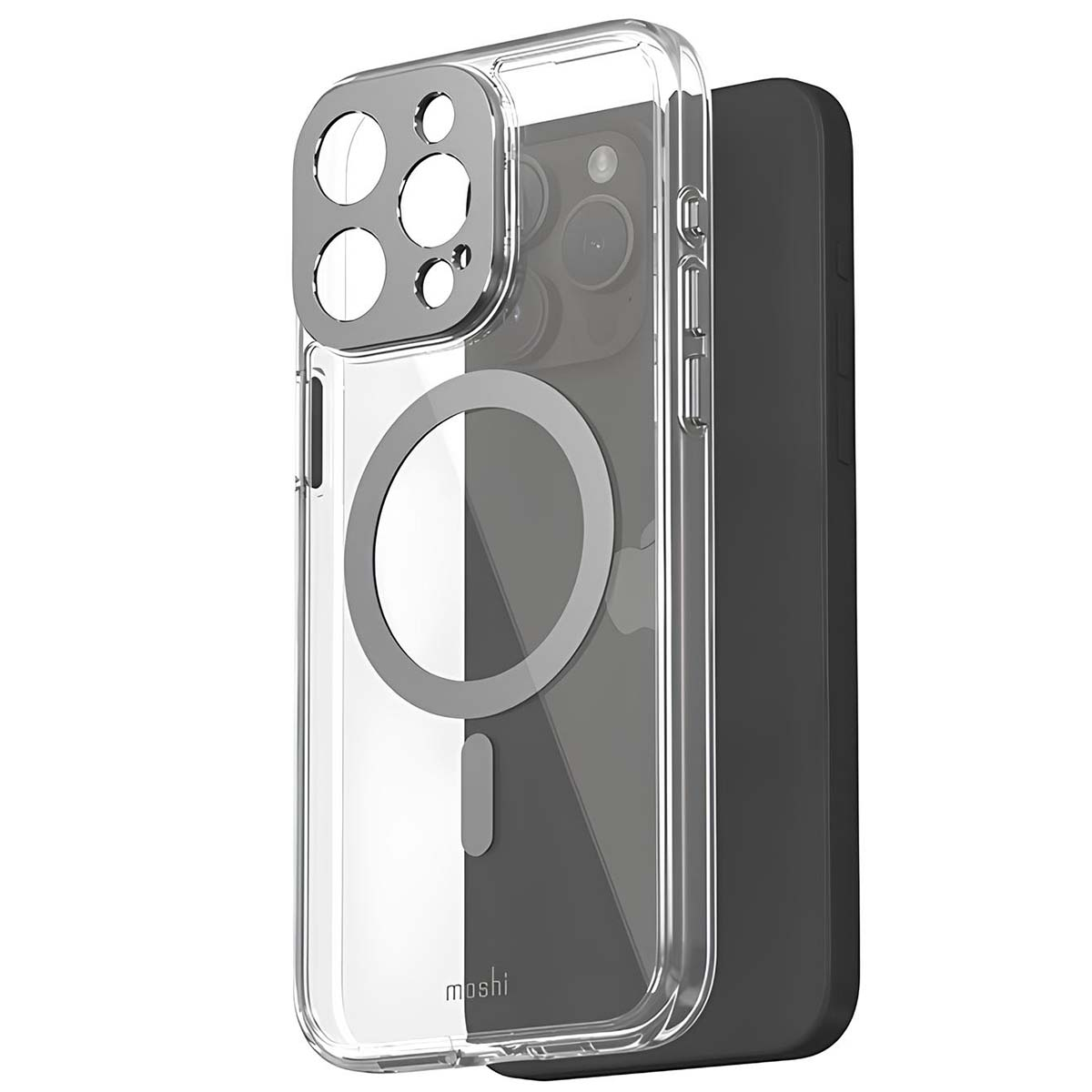Custodia trasparente per telefono. Anello fotocamera argento, cerchio grigio. Retro nero. Marchio moshi in basso.
