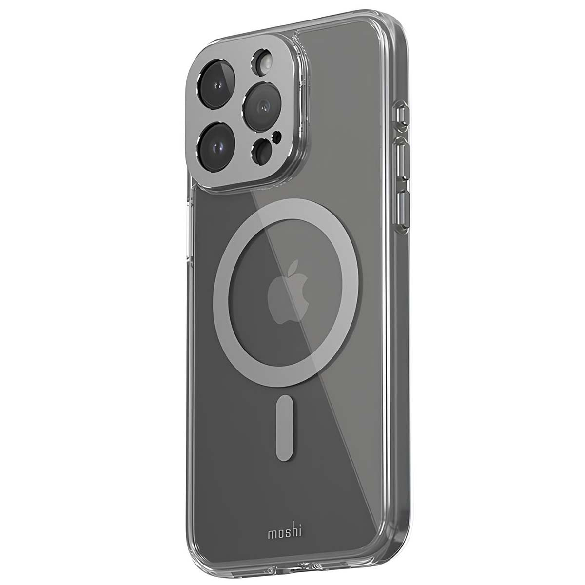Custodia trasparente per telefono con alloggiamento fotocamera argentato. Visibile un logo Apple. La custodia ha un cerchio magnetico e una barra inferiore.