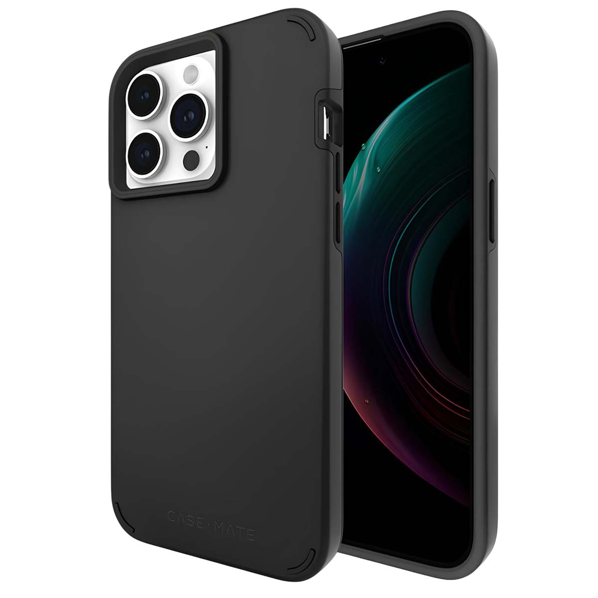 Custodia nera per telefono con telefono all'interno. La custodia ha un ritaglio per la fotocamera e si legge 'CASE MATE'.