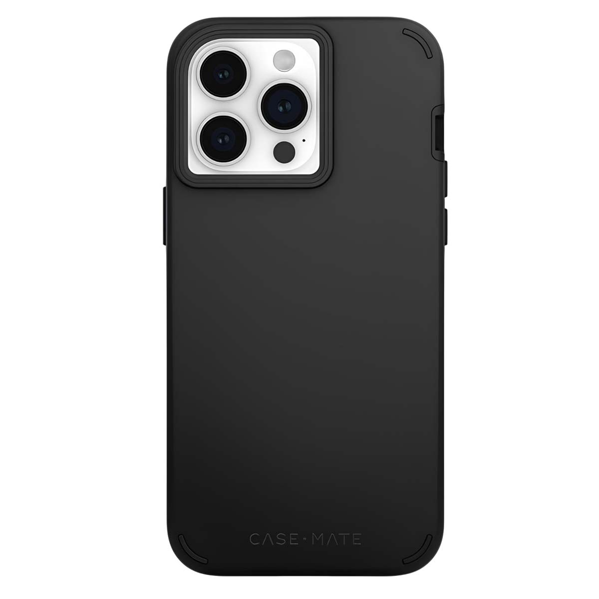 Una custodia nera per iPhone, con ritagli per la fotocamera e il logo Case-Mate. La custodia ha una texture liscia.
