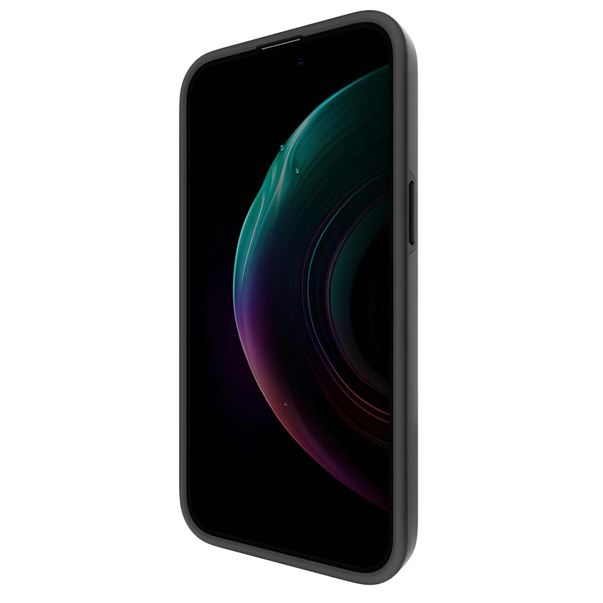 Uno smartphone con custodia nera mostra un'immagine astratta colorata. Il telefono è leggermente angolato, con sfondo bianco.