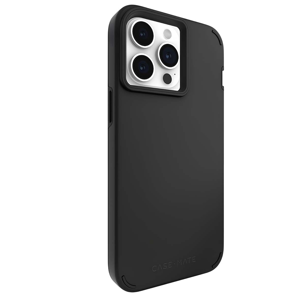 Una custodia per telefono nera, con un rigonfiamento per la fotocamera con tre lenti. La custodia ha 'CASE MATE' stampato.