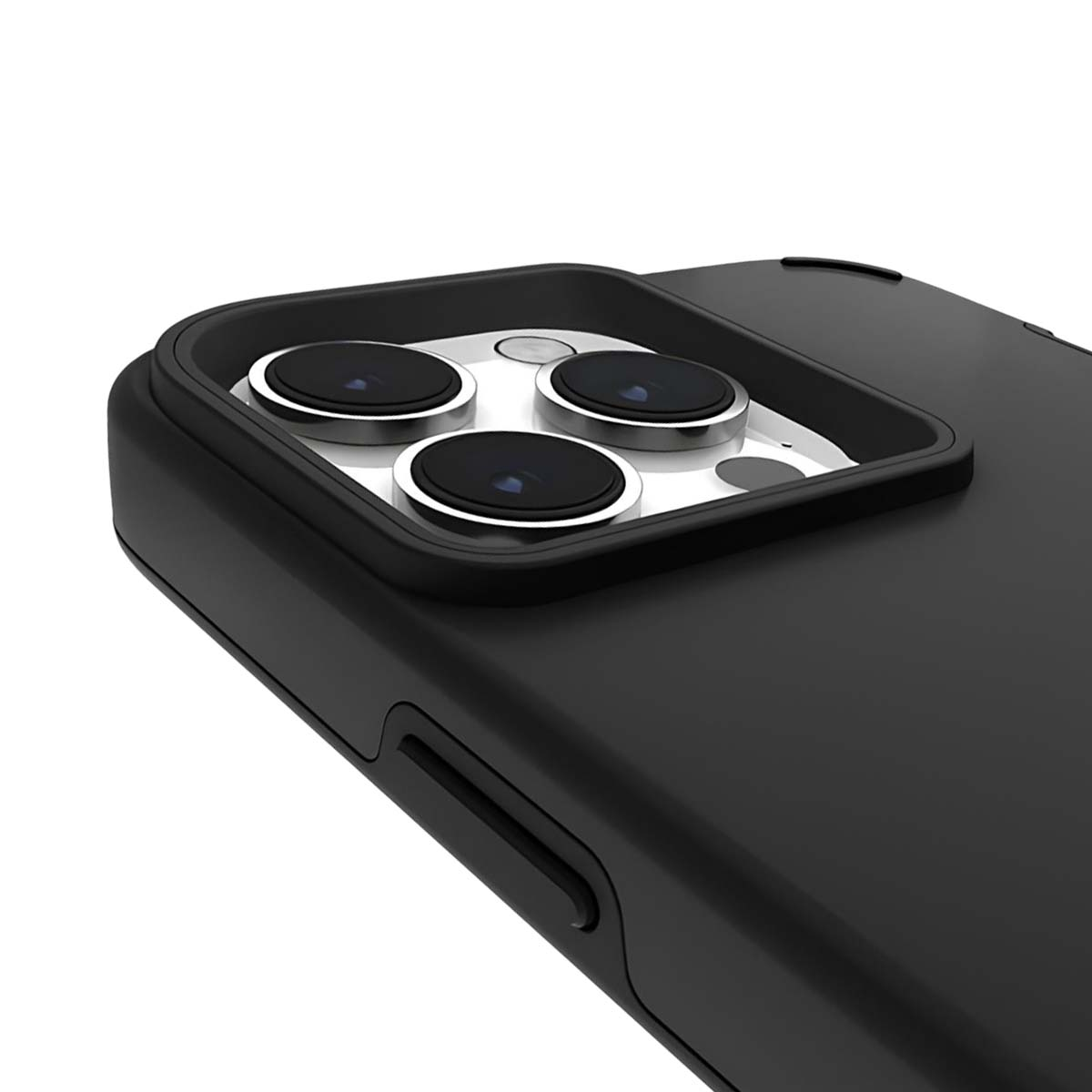 Primo piano di una custodia nera per telefono. Sono visibili tre obiettivi della fotocamera. La custodia è nero opaco e ha una texture liscia.