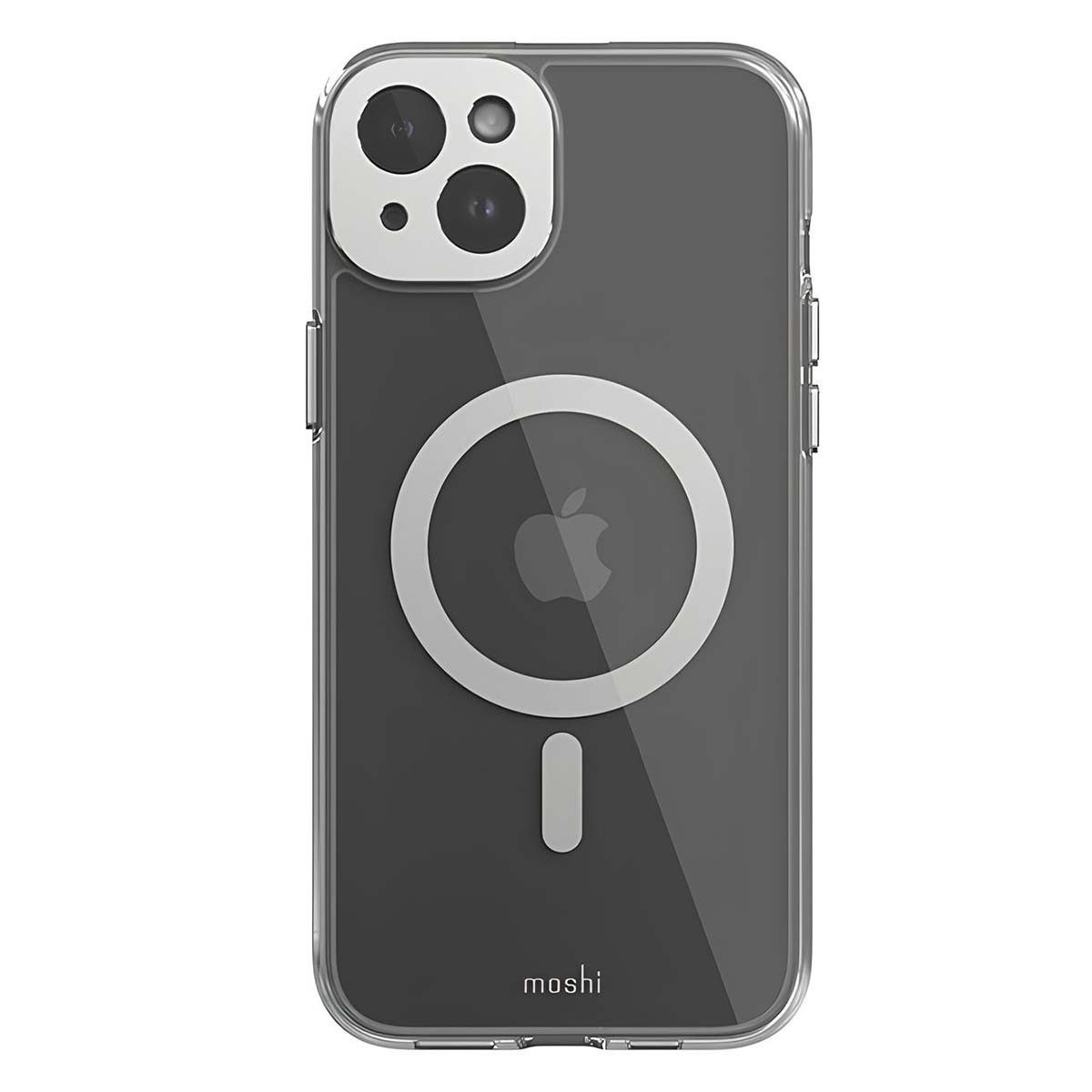 Custodia trasparente per telefono con anello magnetico e logo Apple. La custodia ha anche un logo Moshi.