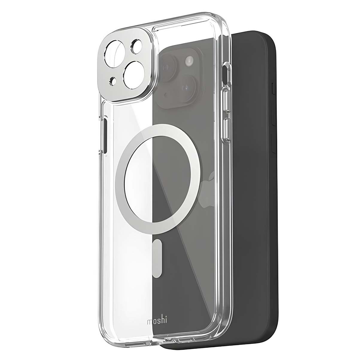 Una custodia trasparente con un telefono nero all'interno. La custodia ha un design magnetico circolare e il marchio 'mosh' è visibile.