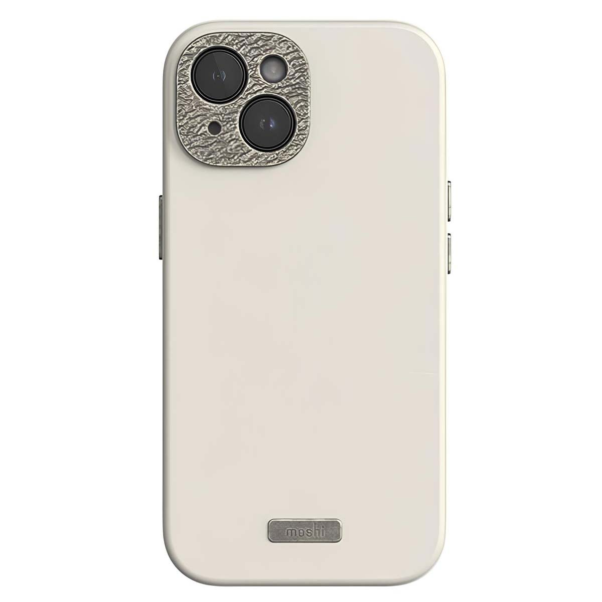 Custodia per telefono color crema con area fotocamera strutturata e logo Moshi. La custodia ha pulsanti laterali.