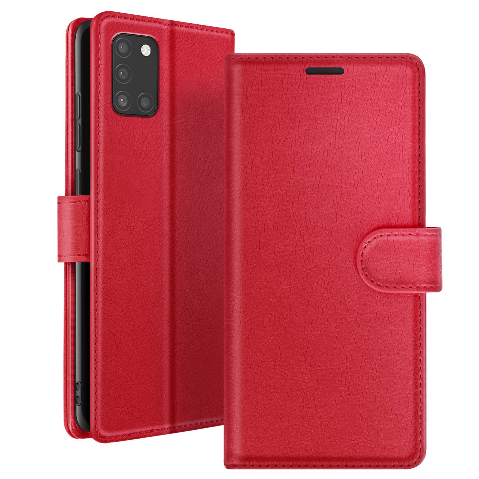 Un étui de téléphone en cuir rouge, ouvert pour montrer le téléphone. L'étui a une fermeture magnétique et une surface texturée.