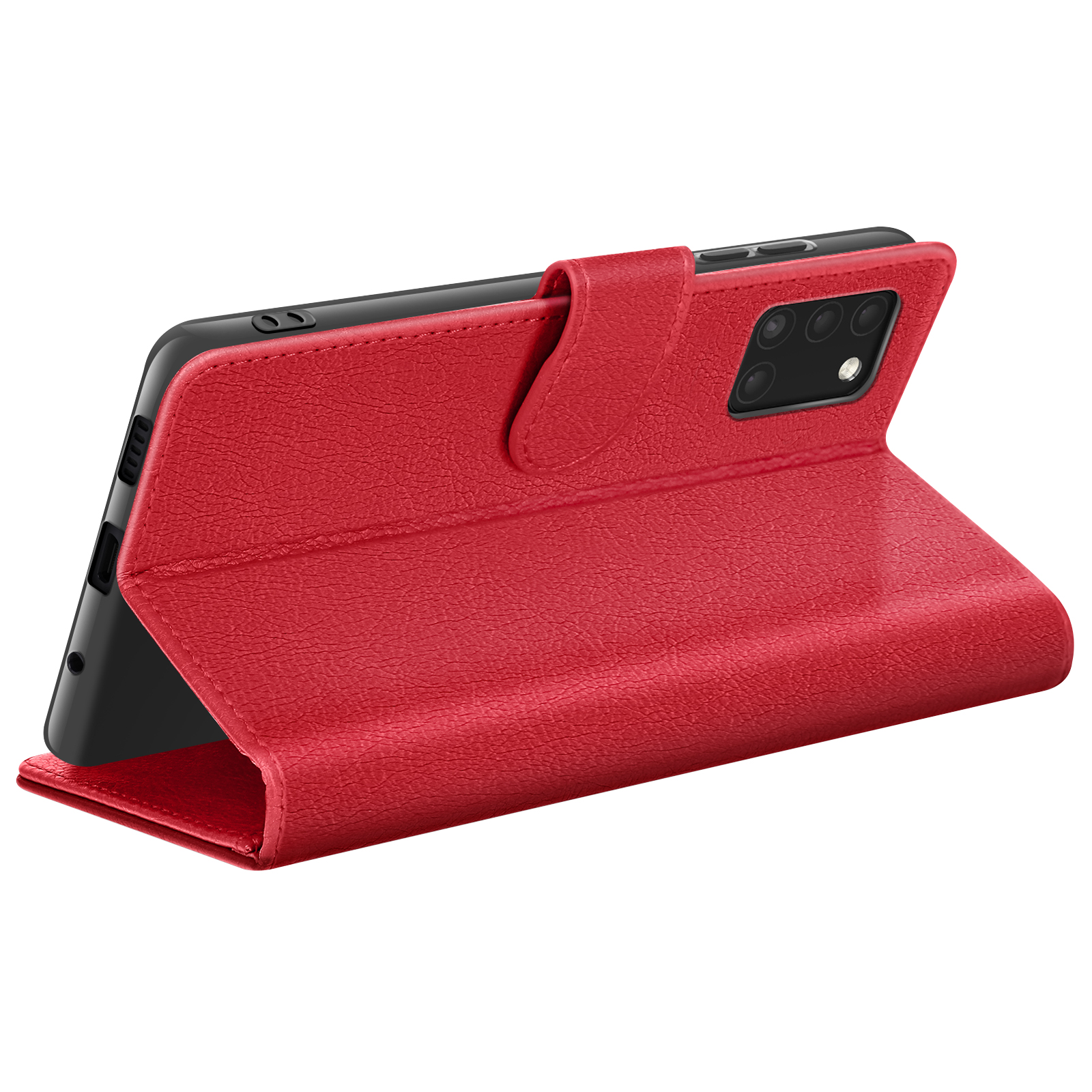 Étui de téléphone en cuir rouge, ouvert. Un téléphone noir est à l'intérieur. L'étui a une surface texturée et une fermeture magnétique.
