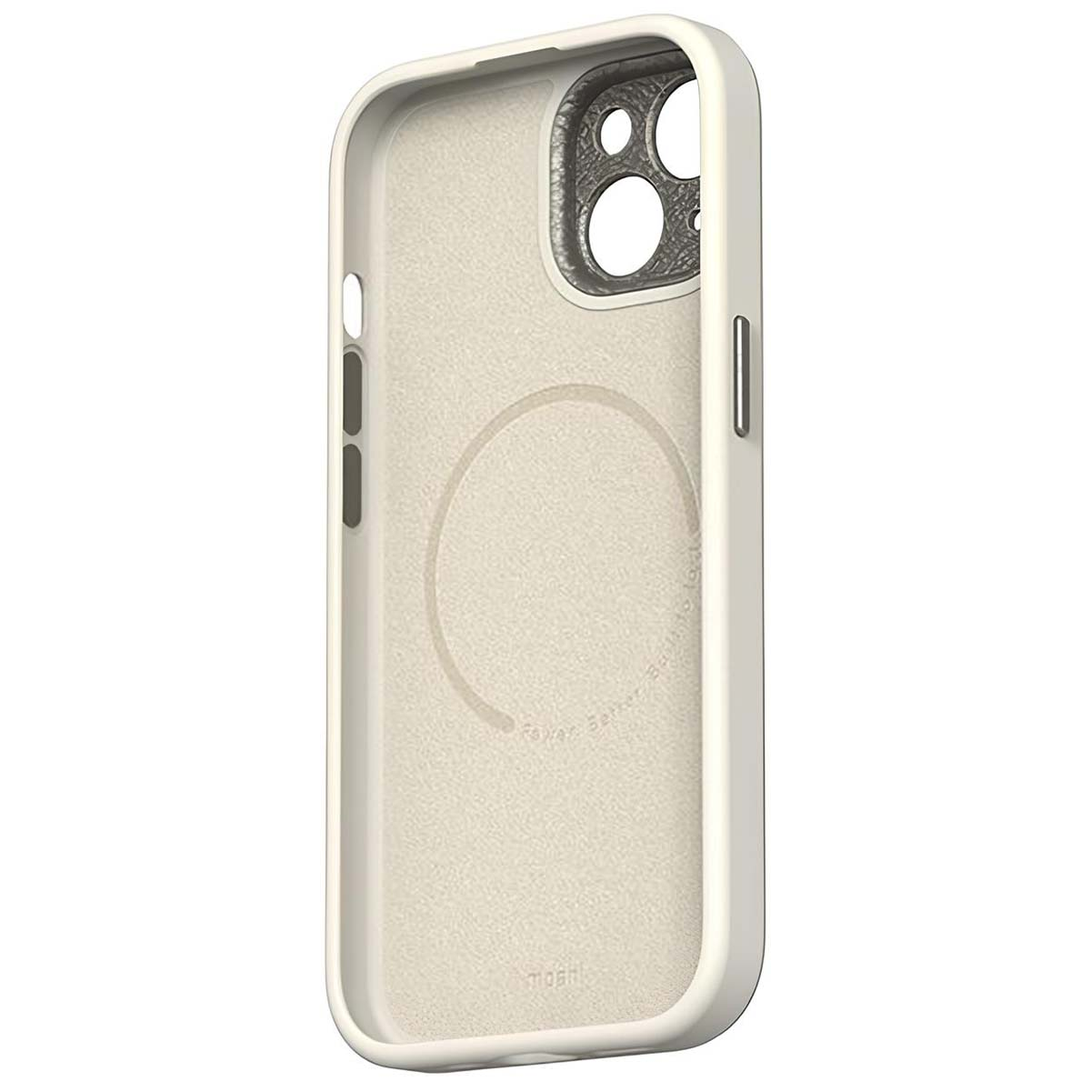 Una custodia bianca per iPhone. Ha un interno color crema e un ritaglio per la fotocamera. La custodia ha un'impronta circolare e pulsanti laterali.