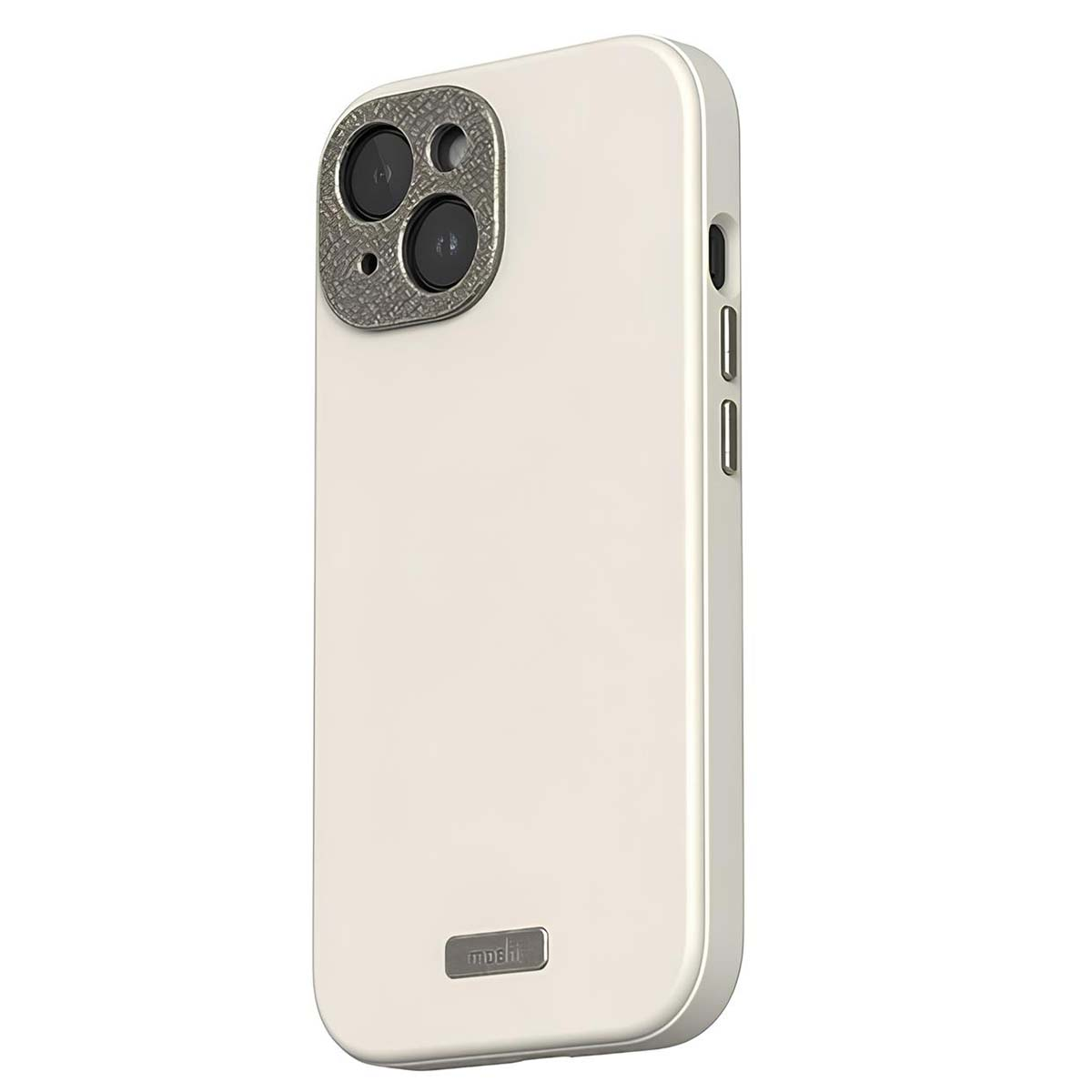 Una custodia bianca per telefono con un anello fotocamera strutturato. La custodia ha un logo Moshi. Ci sono pulsanti laterali.