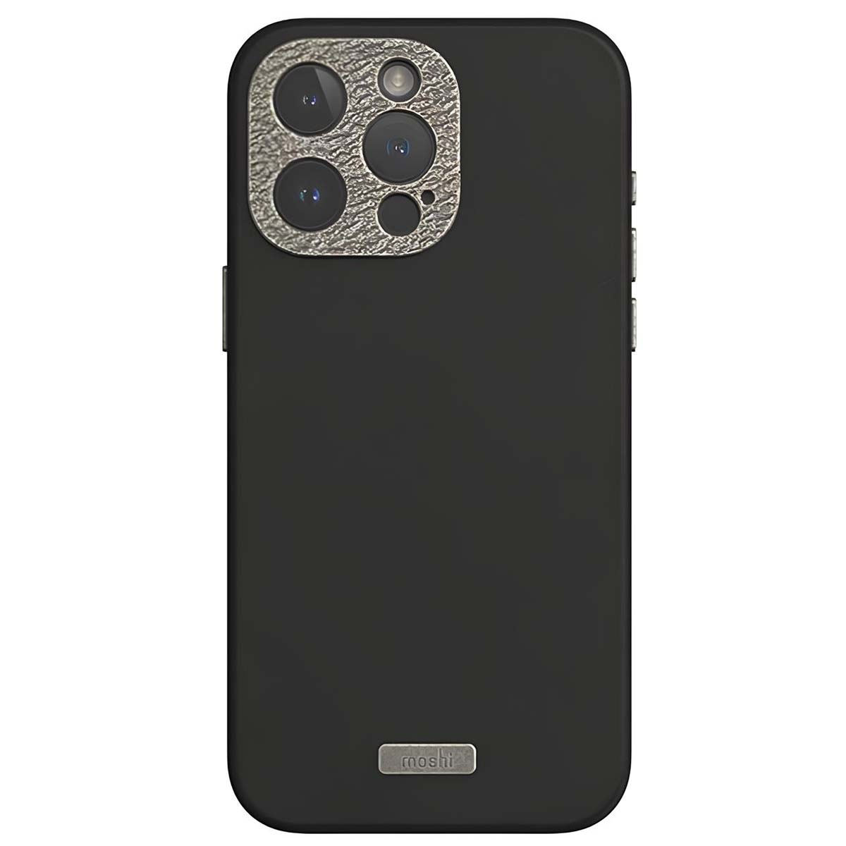 Custodia nera per telefono con anello fotocamera argentato. Marchio 'moshi' in basso. Angoli arrotondati. Custodia protettiva.