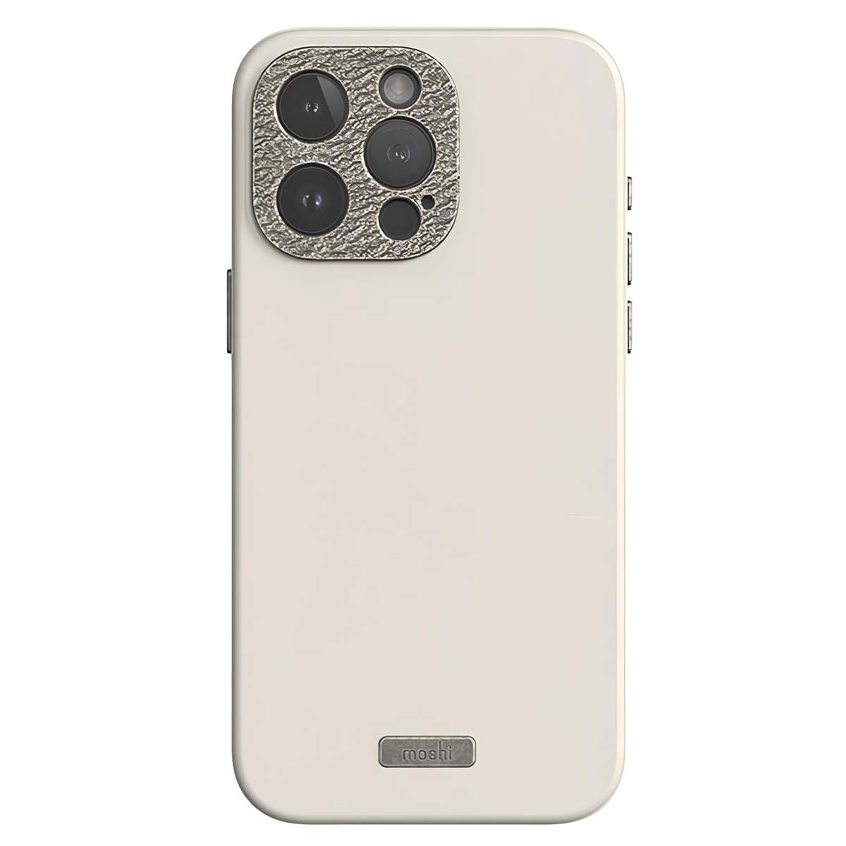 Una cover per iPhone color crema con modulo fotocamera strutturato. La cover ha pulsanti laterali e logo 'moshi' in basso.