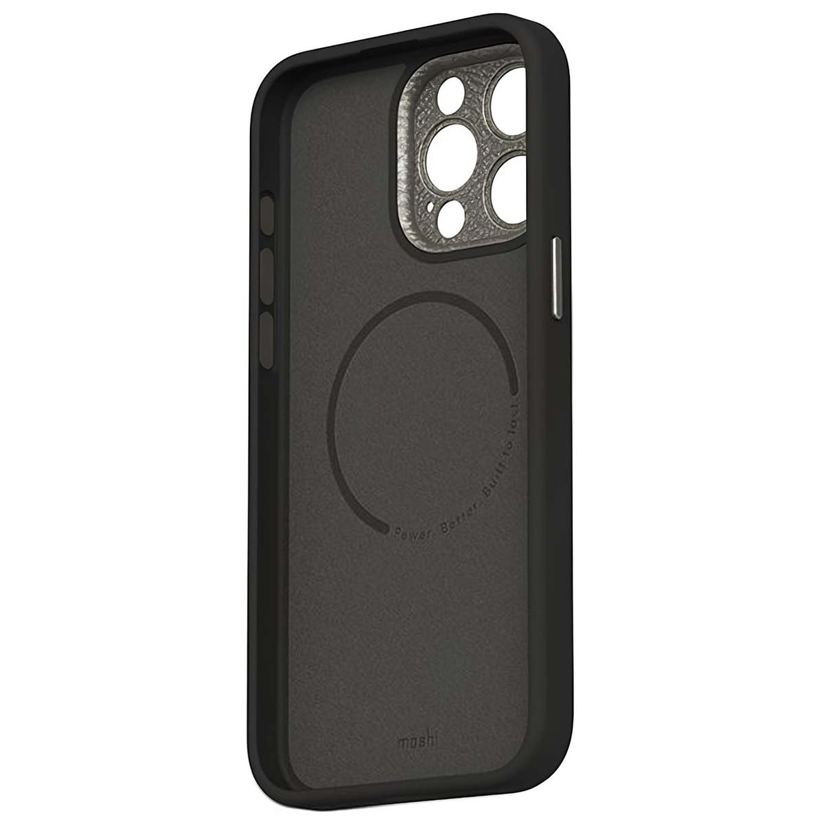 Custodia nera per telefono con design circolare. La custodia ha un ritaglio per la fotocamera e il marchio 'moshi'.