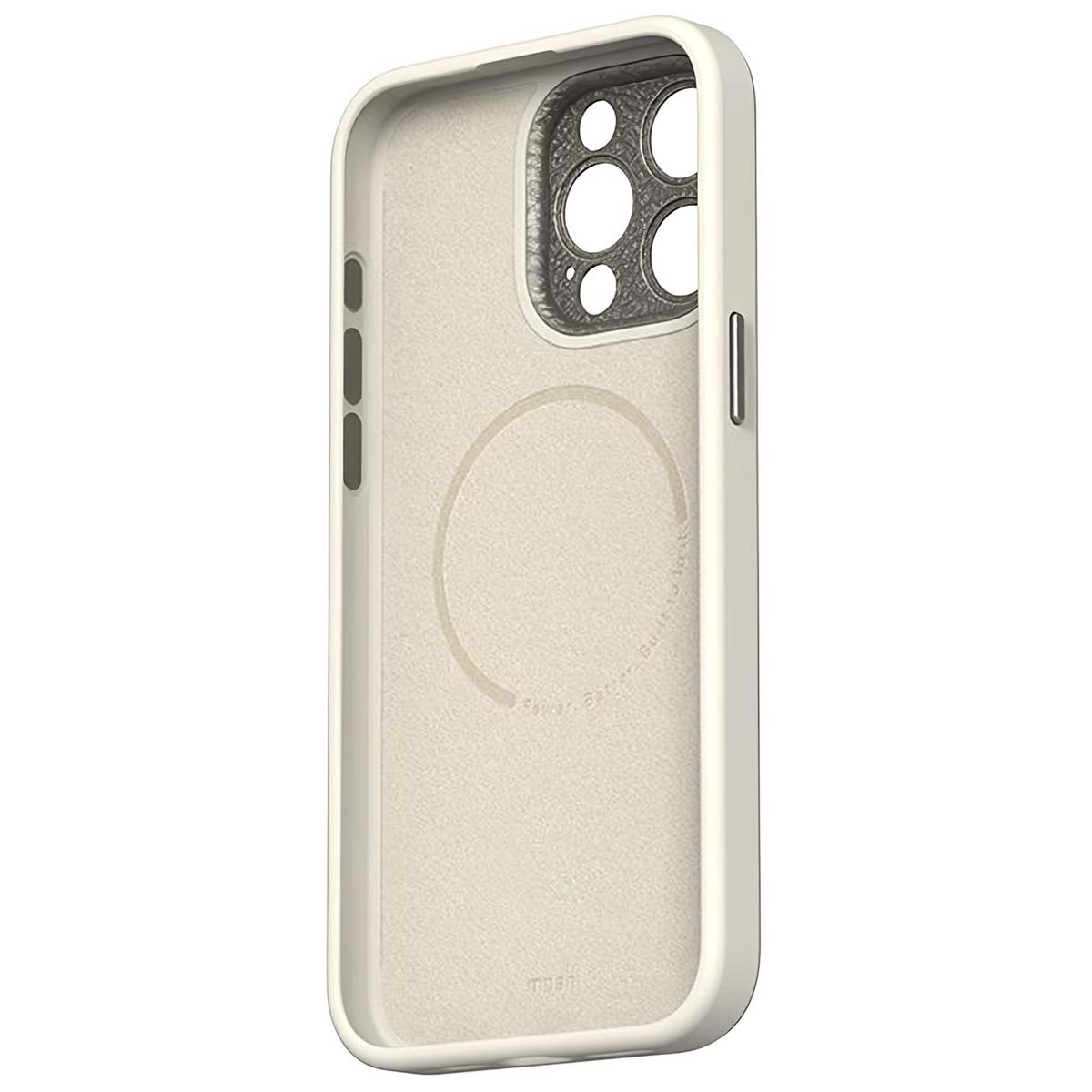 Una custodia per telefono bianco sporco con un ritaglio per la fotocamera. Ha un marchio circolare e il marchio 'mosh'.