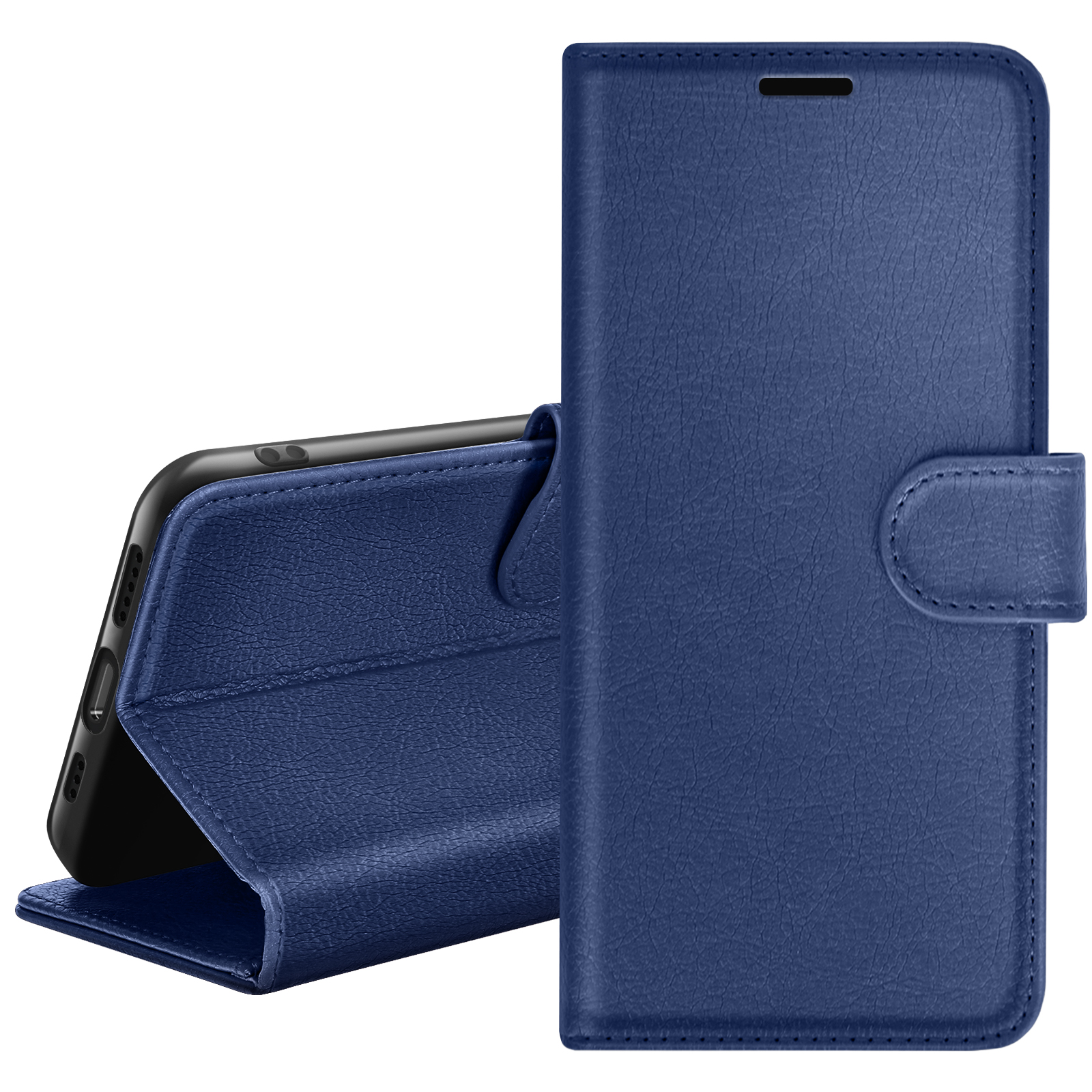 Un étui de téléphone en cuir bleu, ouvert pour afficher un téléphone noir. L'étui est sur fond blanc.