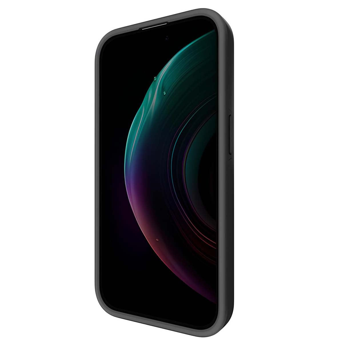 Uno smartphone in una custodia nera con schermo colorato. Lo schermo mostra un motivo a spirale verde e viola.