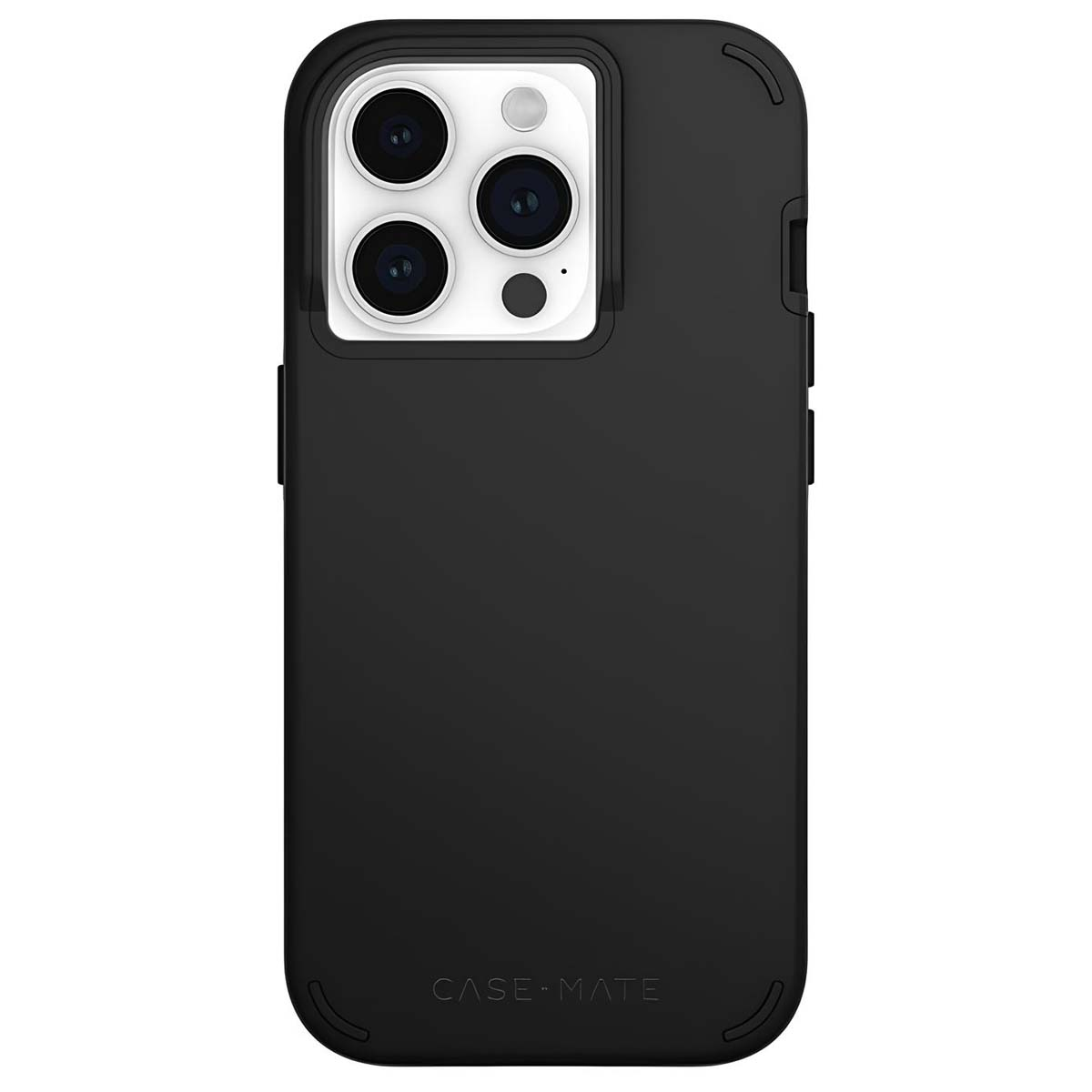 Custodia nera per telefono con array di fotocamere visibile. La custodia ha la scritta 'CASE MATE' in basso.