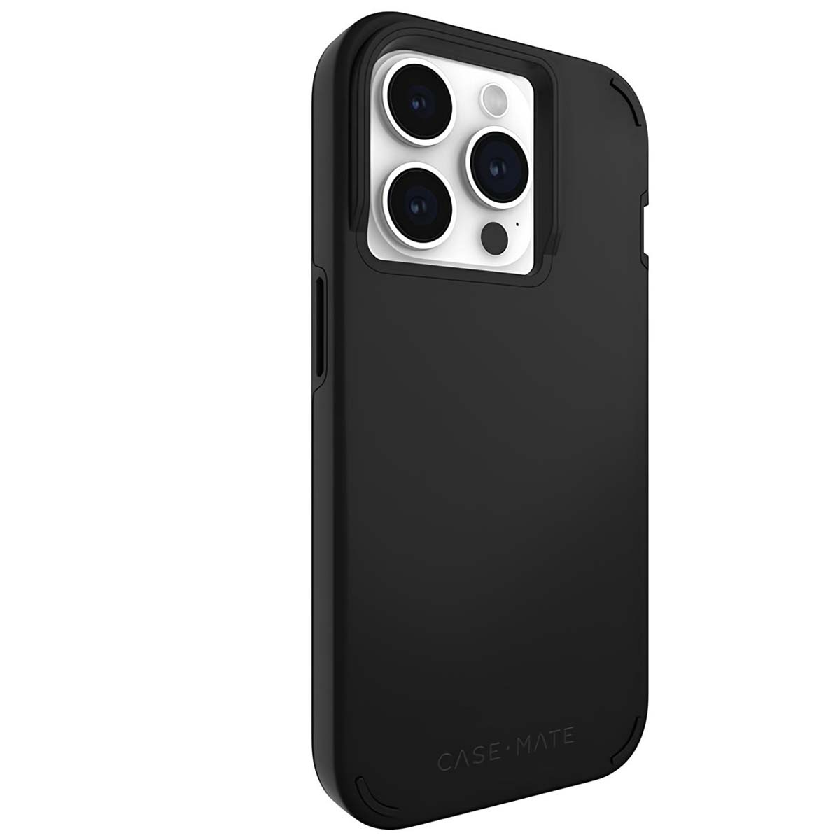 Custodia nera per telefono con ritaglio per fotocamera. 'CASE MATE' stampato in basso.