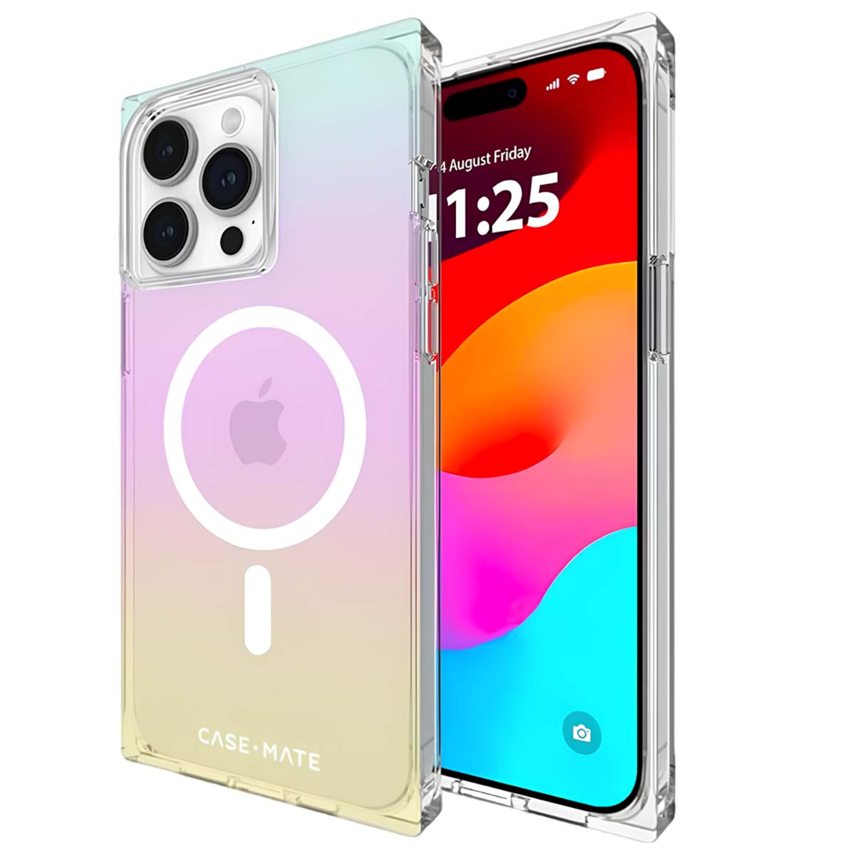 Ein iPhone in einer transparenten Hülle mit Farbverlauf. Auf dem Bildschirm sind Uhrzeit und Datum zu sehen. Die Hülle hat einen Magnetkreis und das Apple-Logo.