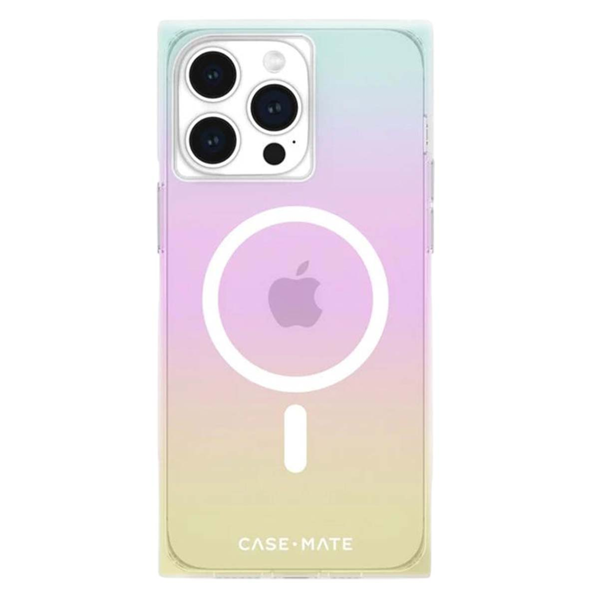 Eine iPhone-Hülle mit Farbverlauf. Sie hat einen weißen Kreis mit einem Apple-Logo. Der Markenname CASE • MATE steht unten.