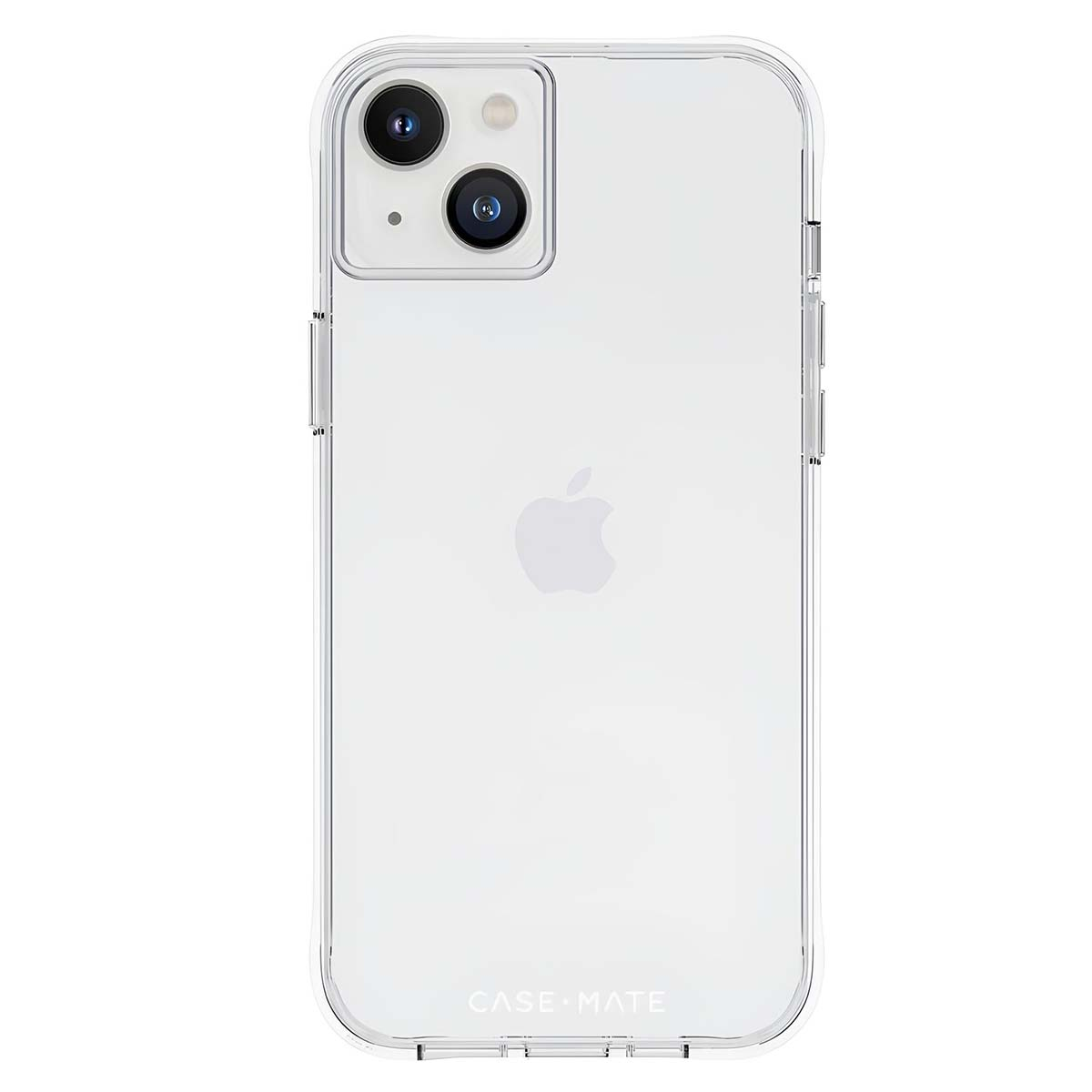 Una custodia trasparente con un iPhone all'interno. La parte posteriore del telefono è visibile, con il logo Apple e due lenti.