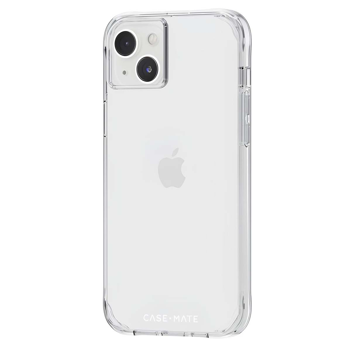 Custodia trasparente per iPhone con fotocamera e logo Apple. Logo Case Mate in basso. Il telefono è all'interno.
