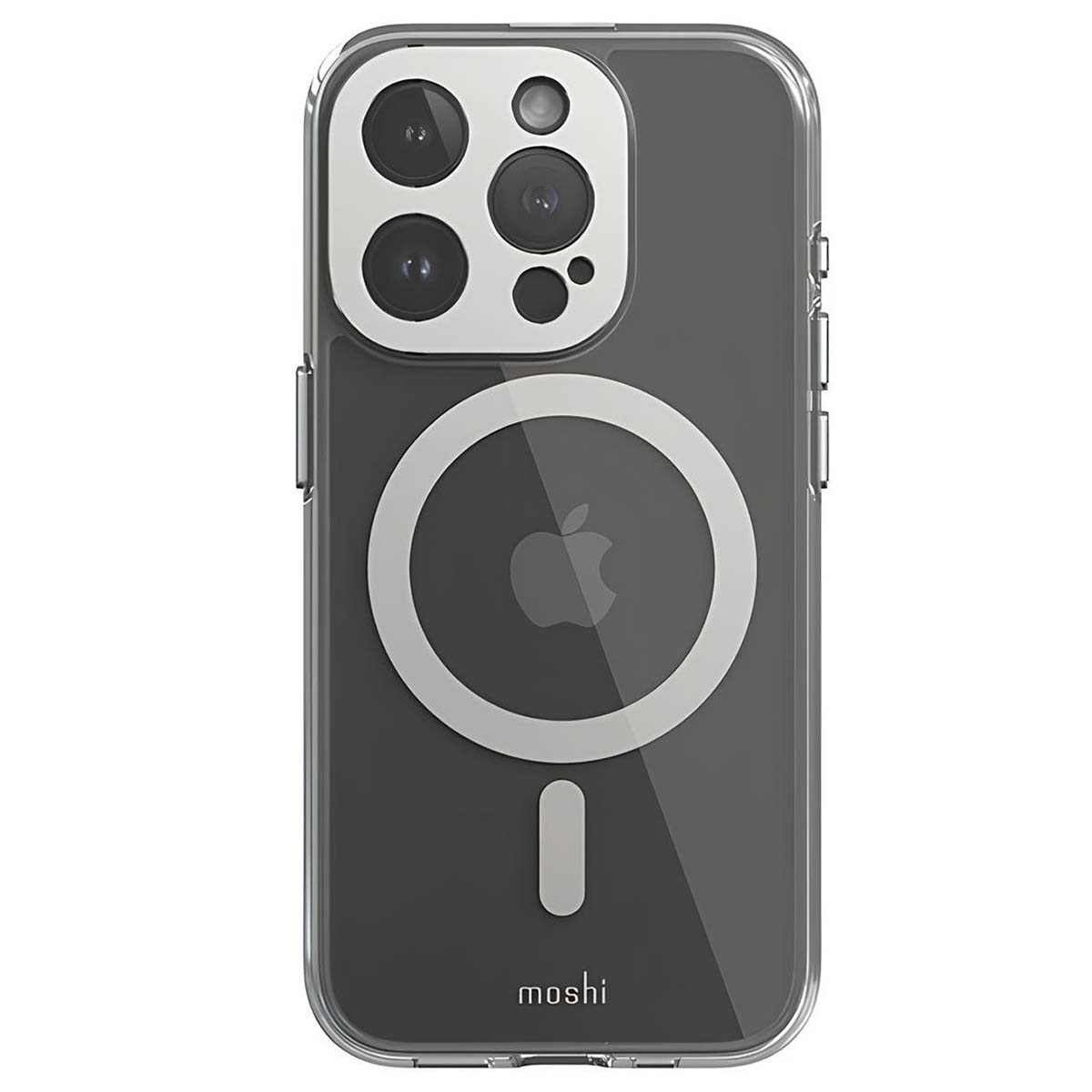Custodia trasparente per telefono con retro grigio. Con anello bianco e barra verticale. Logo Moshi in basso.