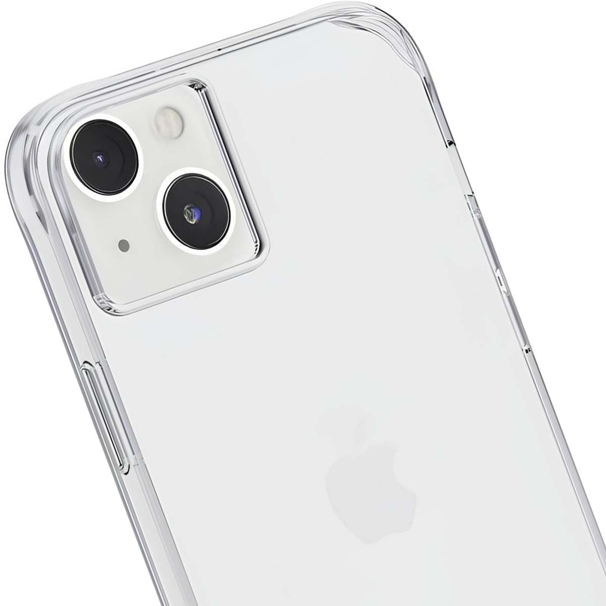 Primo piano di una custodia trasparente per telefono su un telefono bianco. Sono visibili le lenti della fotocamera e il logo Apple.