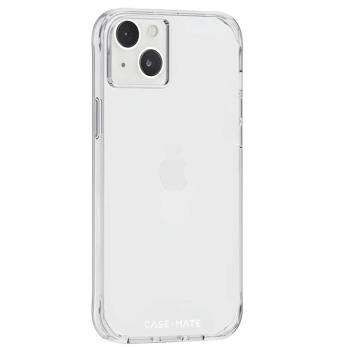 Custodia trasparente su un telefono bianco, con due fotocamere e il logo Apple visibile. Testo 'CASE MATE' in basso.