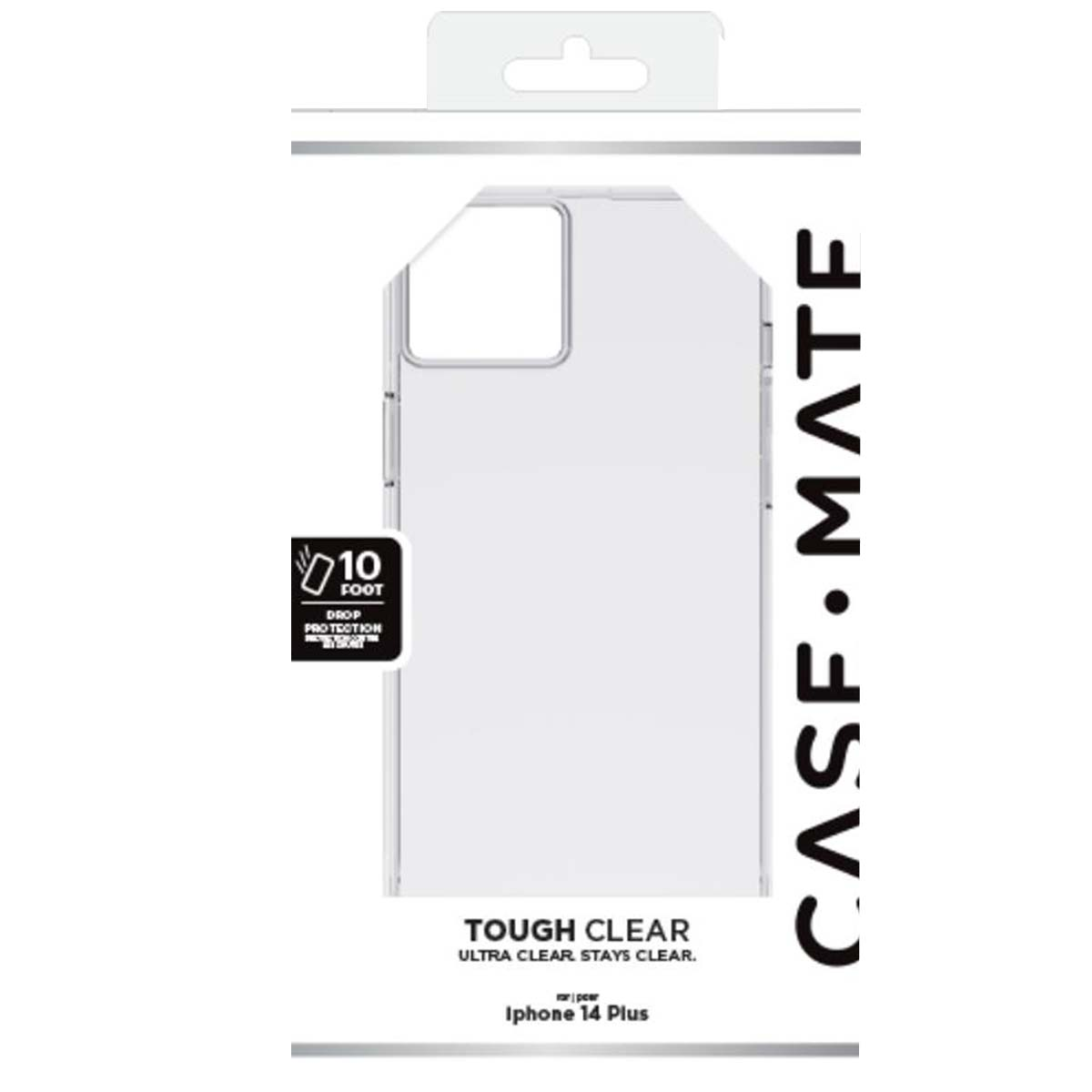 Confezione trasparente per custodia del telefono. Il testo include 'CASE MATE', 'TOUGH CLEAR' e 'Iphone 14 Plus'. Include protezione caduta.