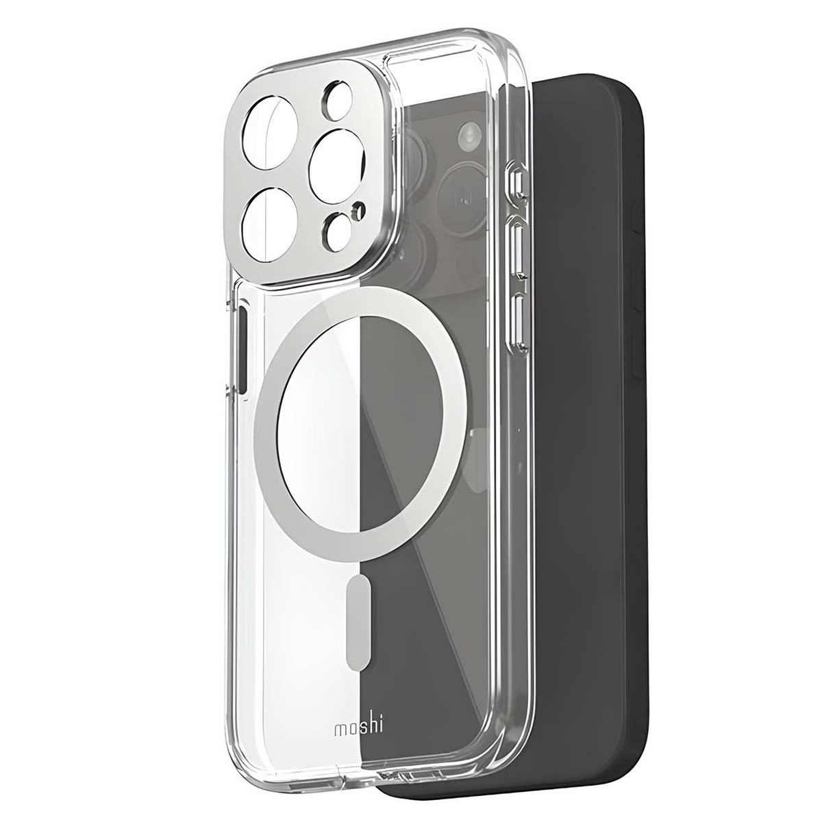 Custodia trasparente con telefono nero. La custodia ha un cerchio magnetico e copre la fotocamera. Il marchio 'moshi' è visibile.
