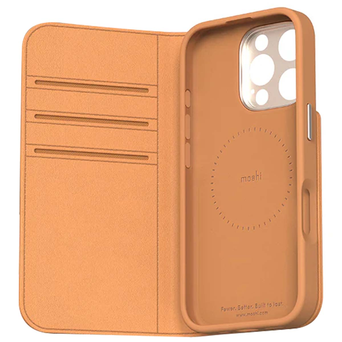 Funda de teléfono naranja abierta, con ranuras para tarjetas a la izquierda y soporte para teléfono con logo Moshi a la derecha.
