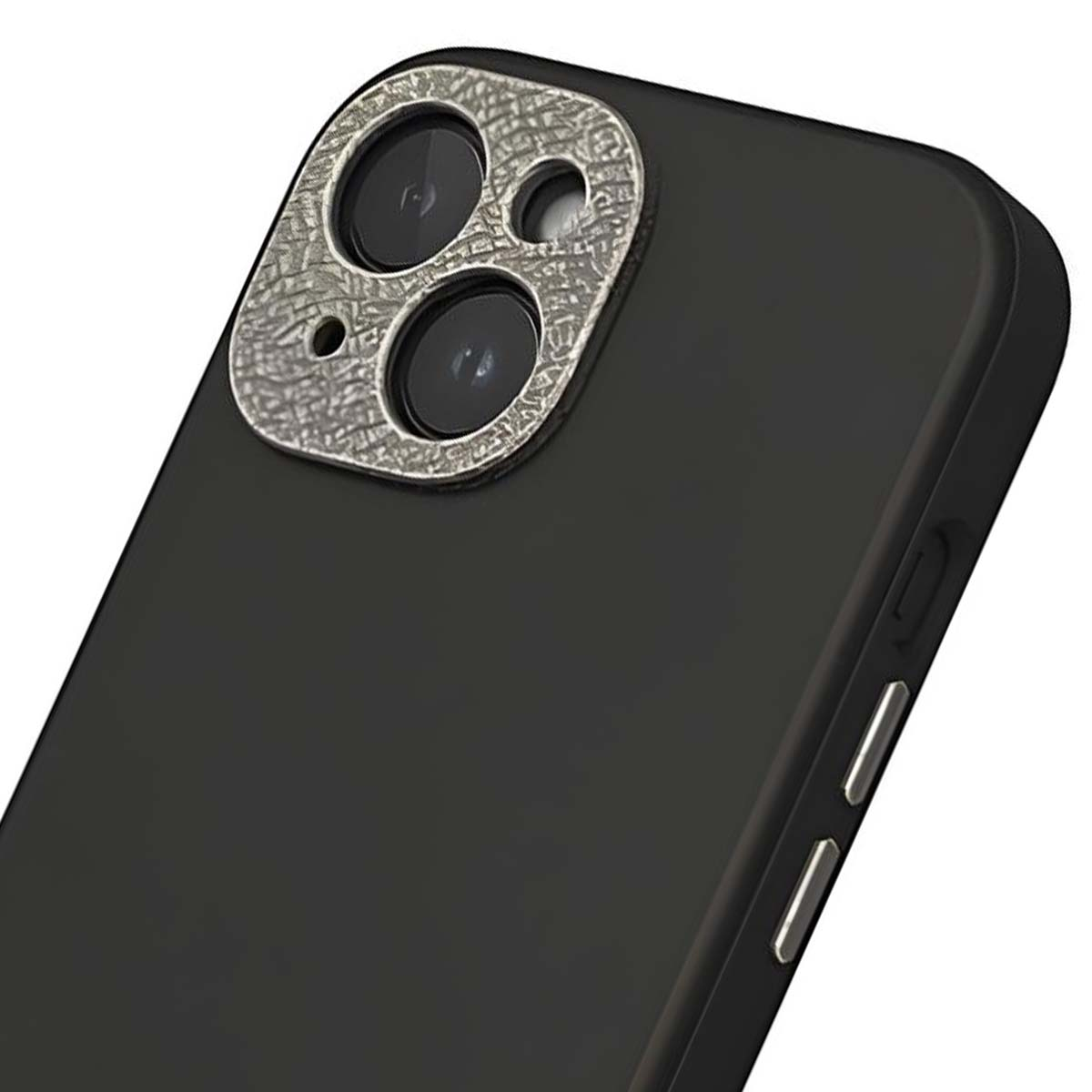 Parte posteriore del telefono nero con copertura argentata dell'obiettivo della fotocamera. Due lenti visibili. I pulsanti del volume sono sul lato.
