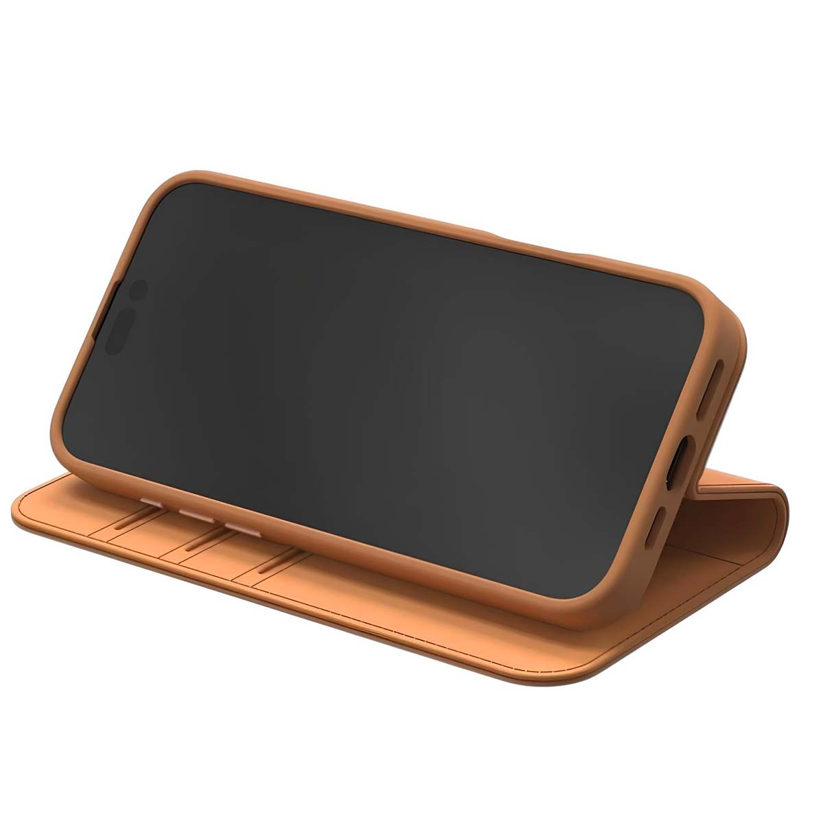 Una funda de cuero para teléfono de color marrón claro. La pantalla del teléfono es negra. La funda está abierta, el teléfono está apoyado en la base de la funda.