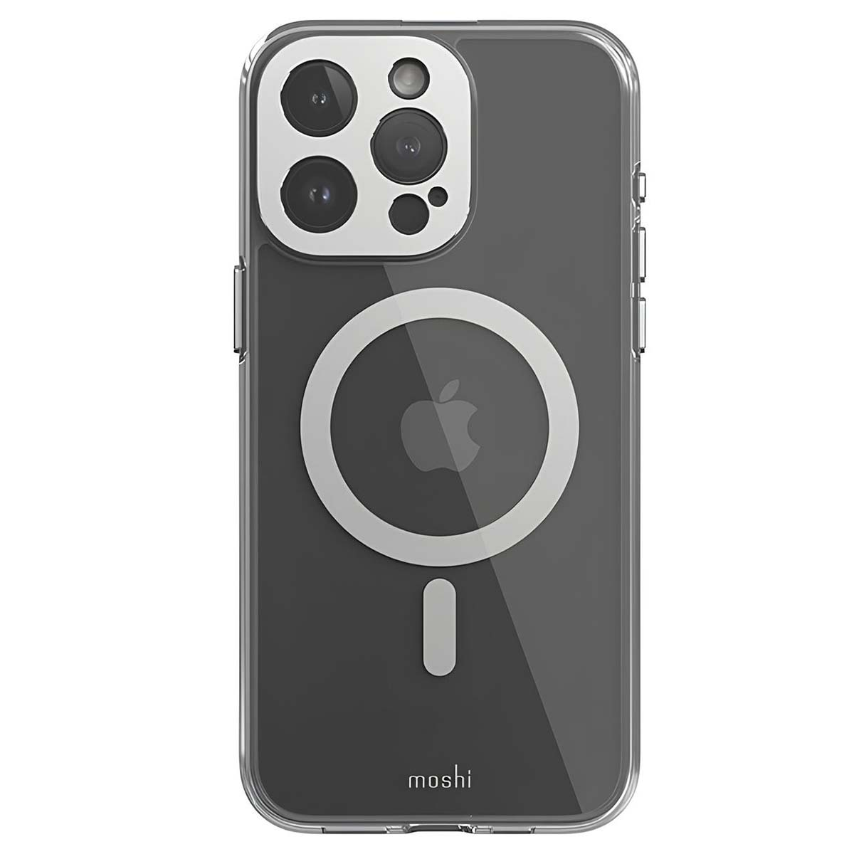 Custodia trasparente per telefono con logo Apple. Ha una sezione fotocamera con più lenti e il marchio 'moshi' in basso.