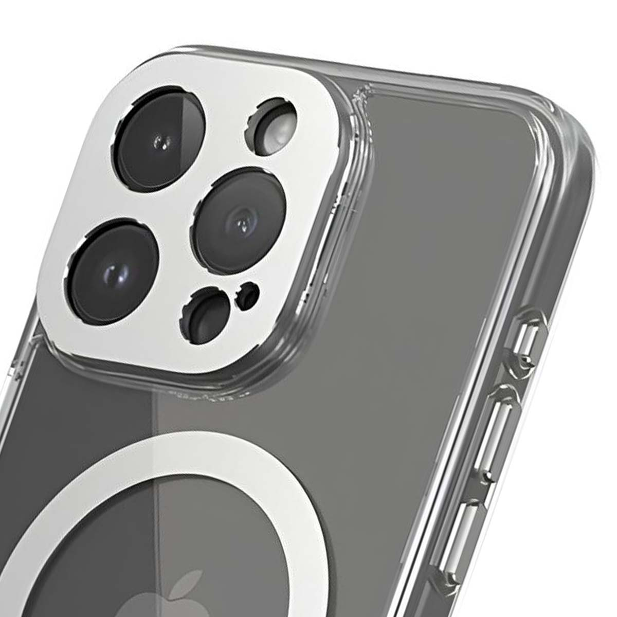 Primo piano di un iPhone in una custodia protettiva trasparente. Sono visibili le lenti della fotocamera, il logo Apple e i pulsanti laterali.