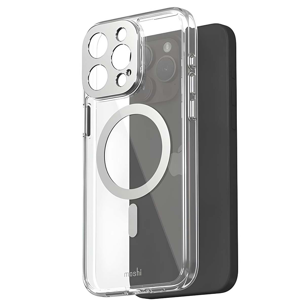 Custodia trasparente per telefono con dettagli argento, che mostra un telefono. La custodia presenta un anello magnetico e ritagli per la fotocamera. Il marchio 'moshi' è visibile.