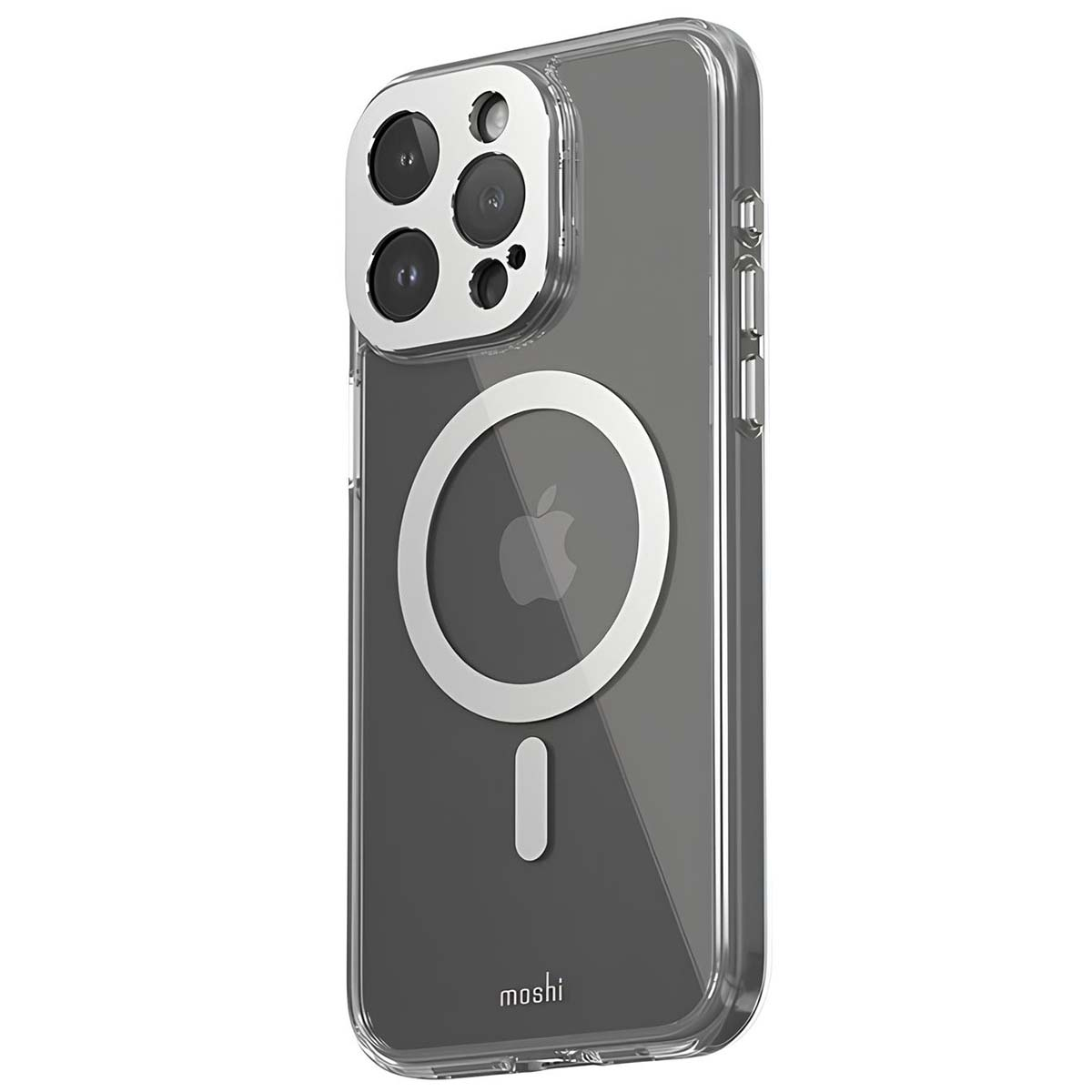 Una custodia trasparente per telefono con anello fotocamera argentato, logo Apple e anello magnetico. Il marchio 'moshi' è visibile.