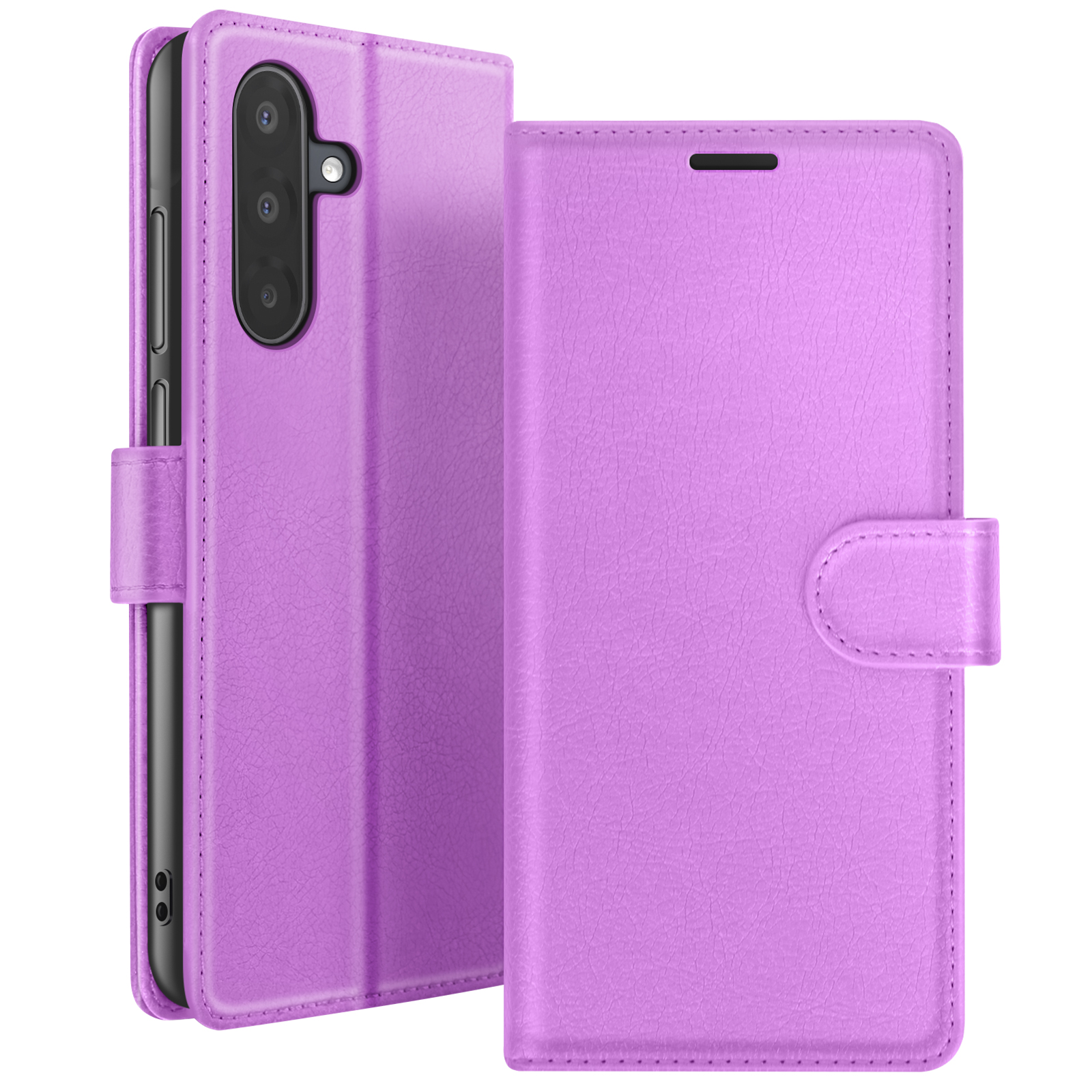 Een paarse telefoonhoes, open en dicht. De open hoes toont een telefoon. De gesloten heeft een sluiting.