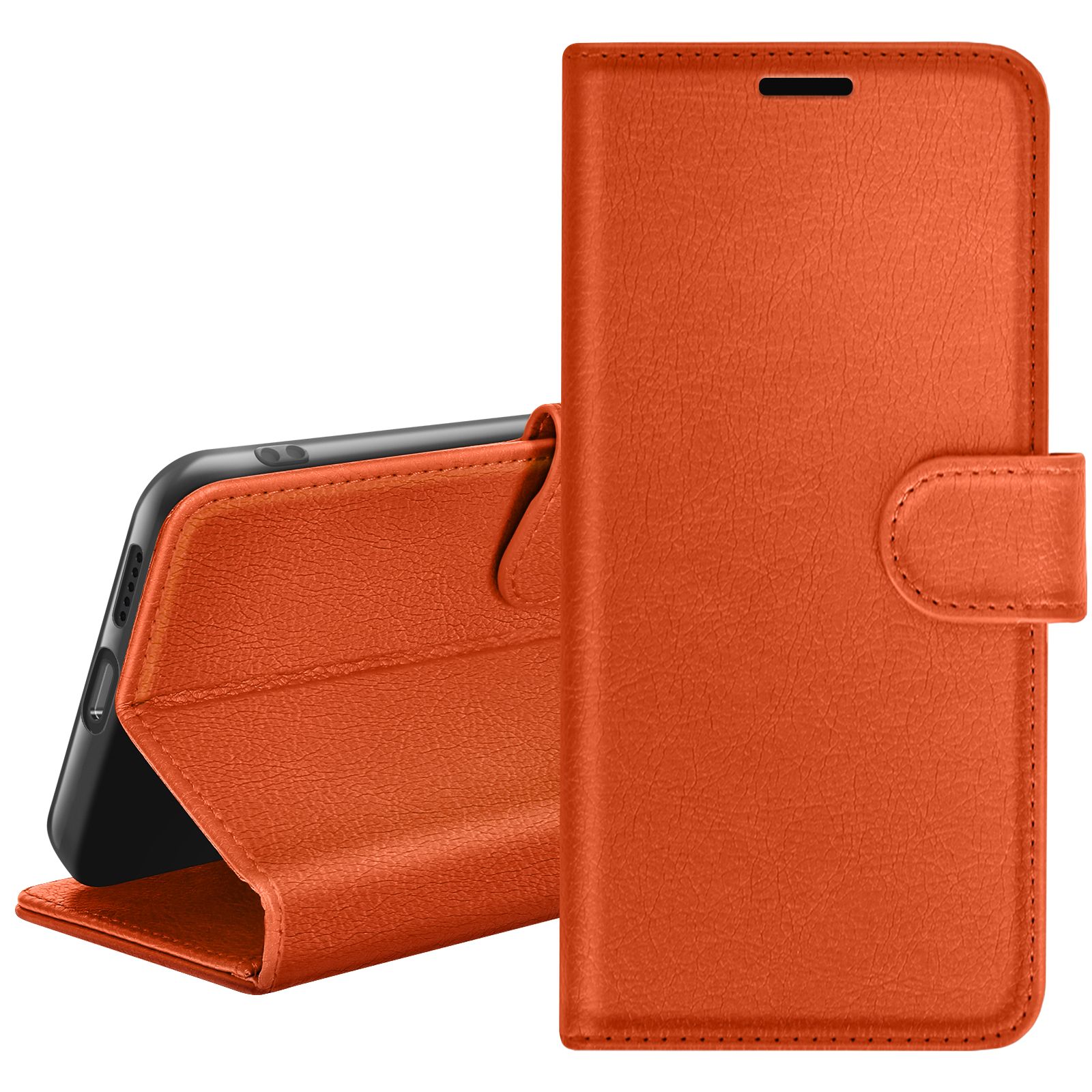 Un étui de téléphone en cuir orange en positions ouverte et fermée, montrant le téléphone à l'intérieur. Fond blanc.