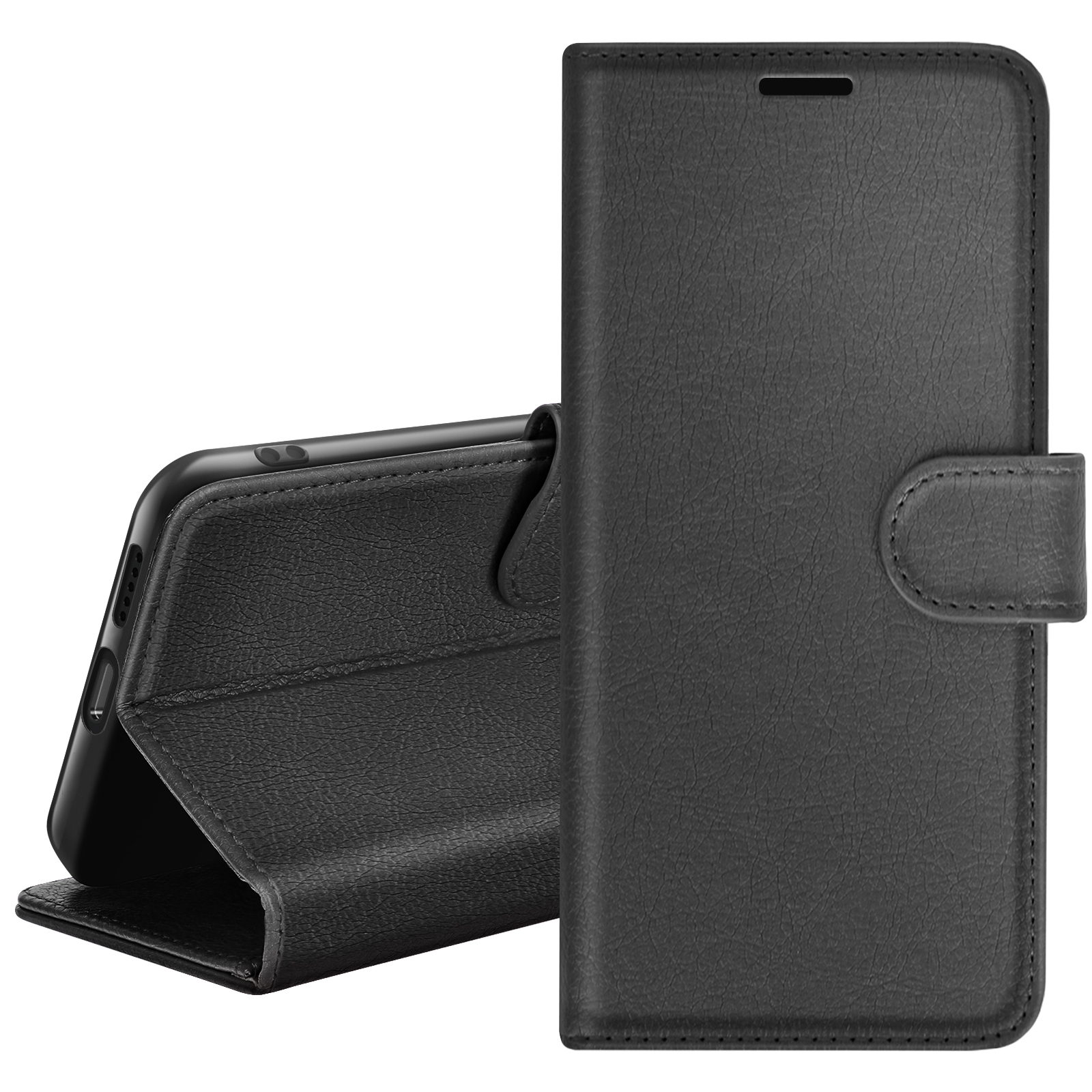 Een zwarte telefoonhoes wordt open getoond en onthult een telefoon. De hoes is leerachtig, heeft een magnetische sluiting en uitsparingen.