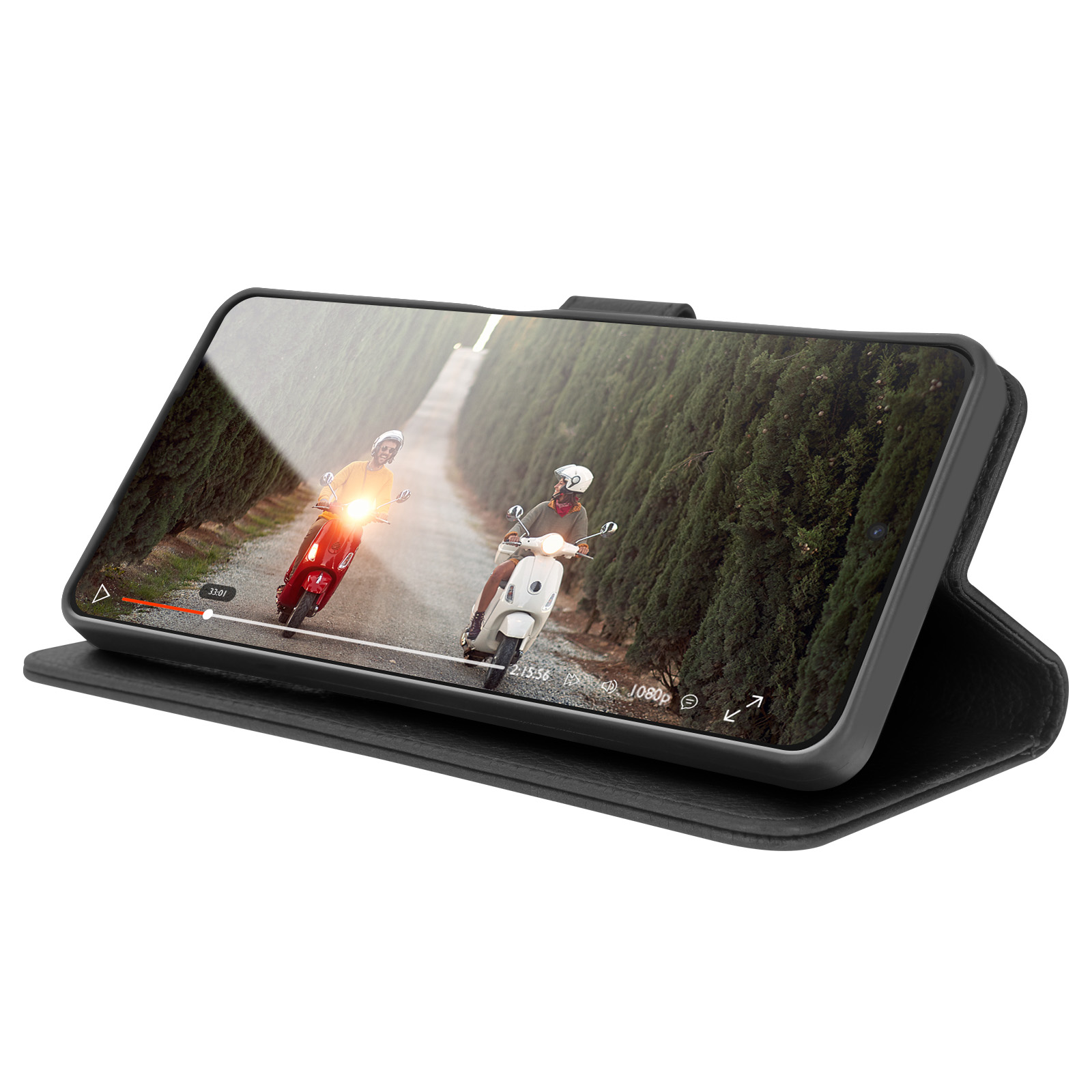 Telefoonhoes toont video van twee mensen op scooters op een weg met bomen.