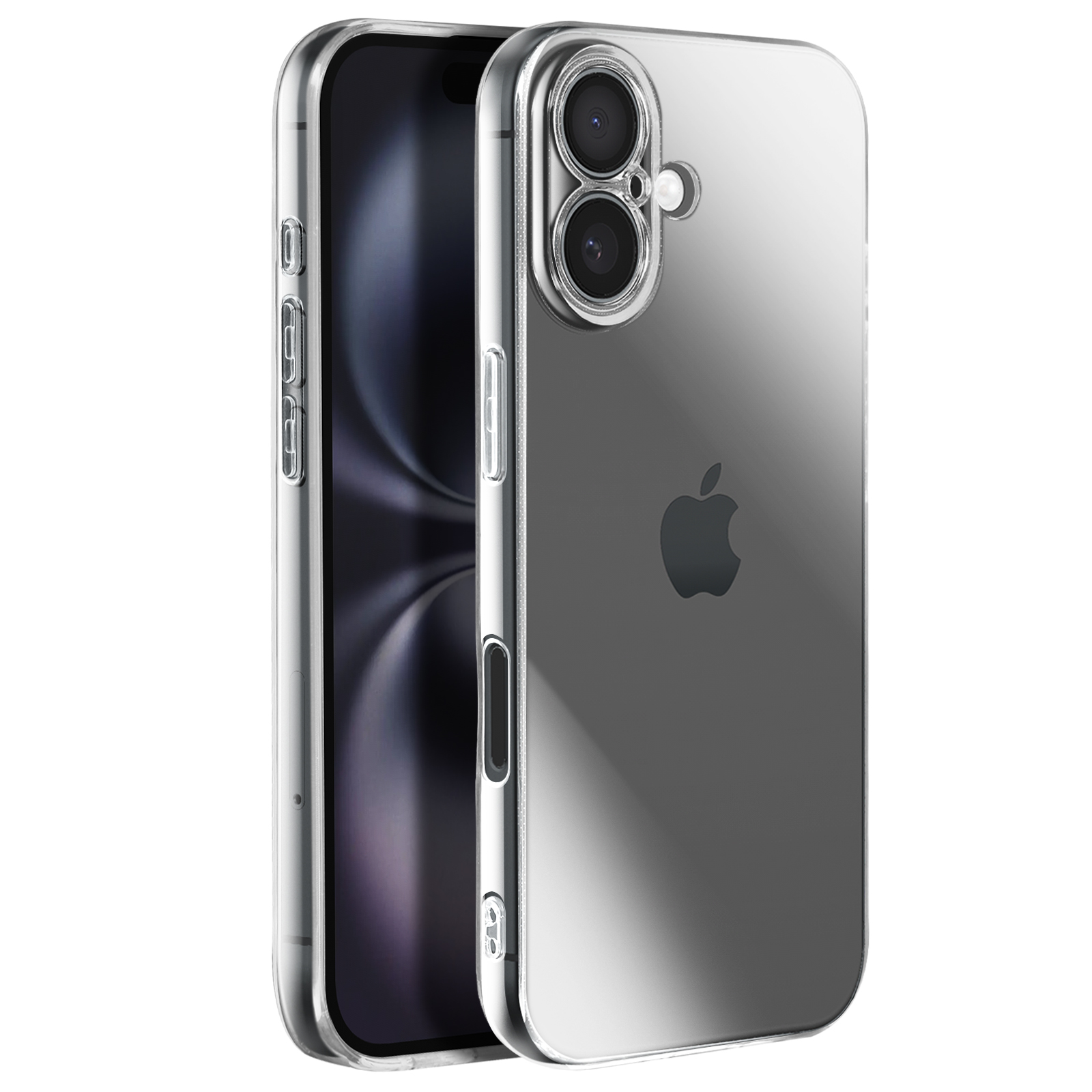 Coque de téléphone transparente sur un téléphone. Le téléphone a un écran noir et le logo Apple.