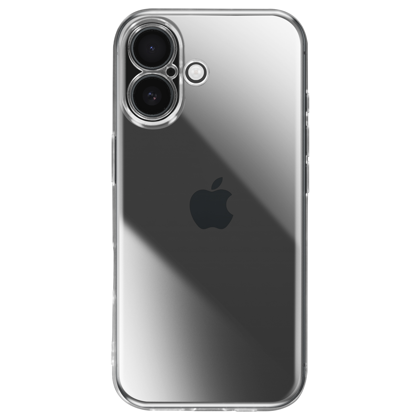 Coque de téléphone transparente sur fond blanc. Caméra, logo Apple et boutons latéraux visibles.