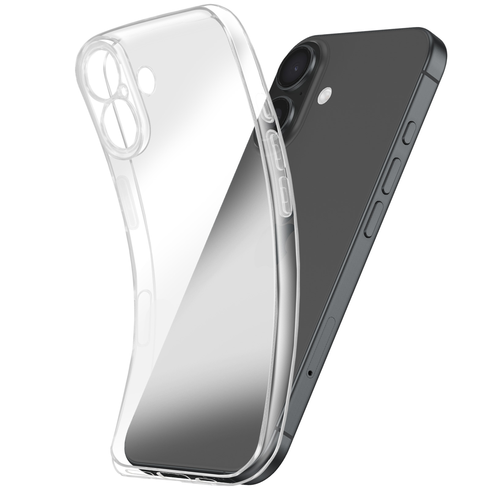 Une coque de téléphone transparente recouvre partiellement un smartphone noir. La coque est transparente, révélant le design du téléphone.
