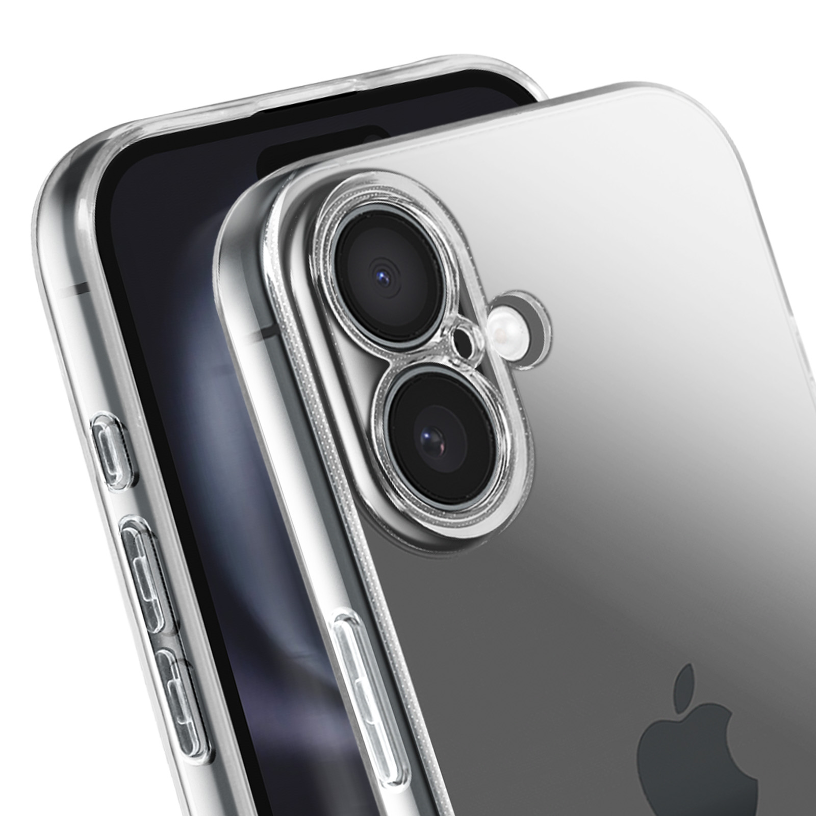 Gros plan d'une coque transparente sur un téléphone noir. L'étui a des découpes pour l'appareil photo. Le logo Apple du téléphone est visible.
