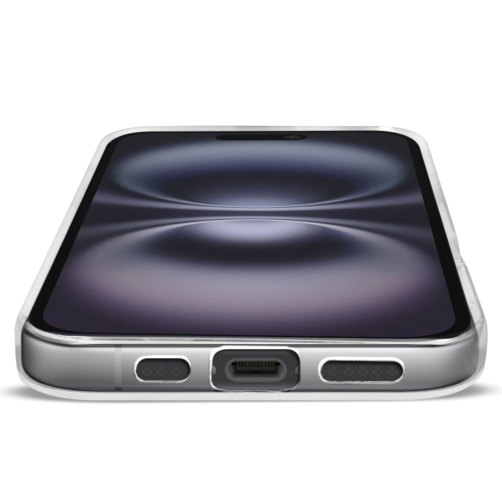 Un iPhone dans une coque transparente sur une surface blanche. L'écran affiche un motif sombre.