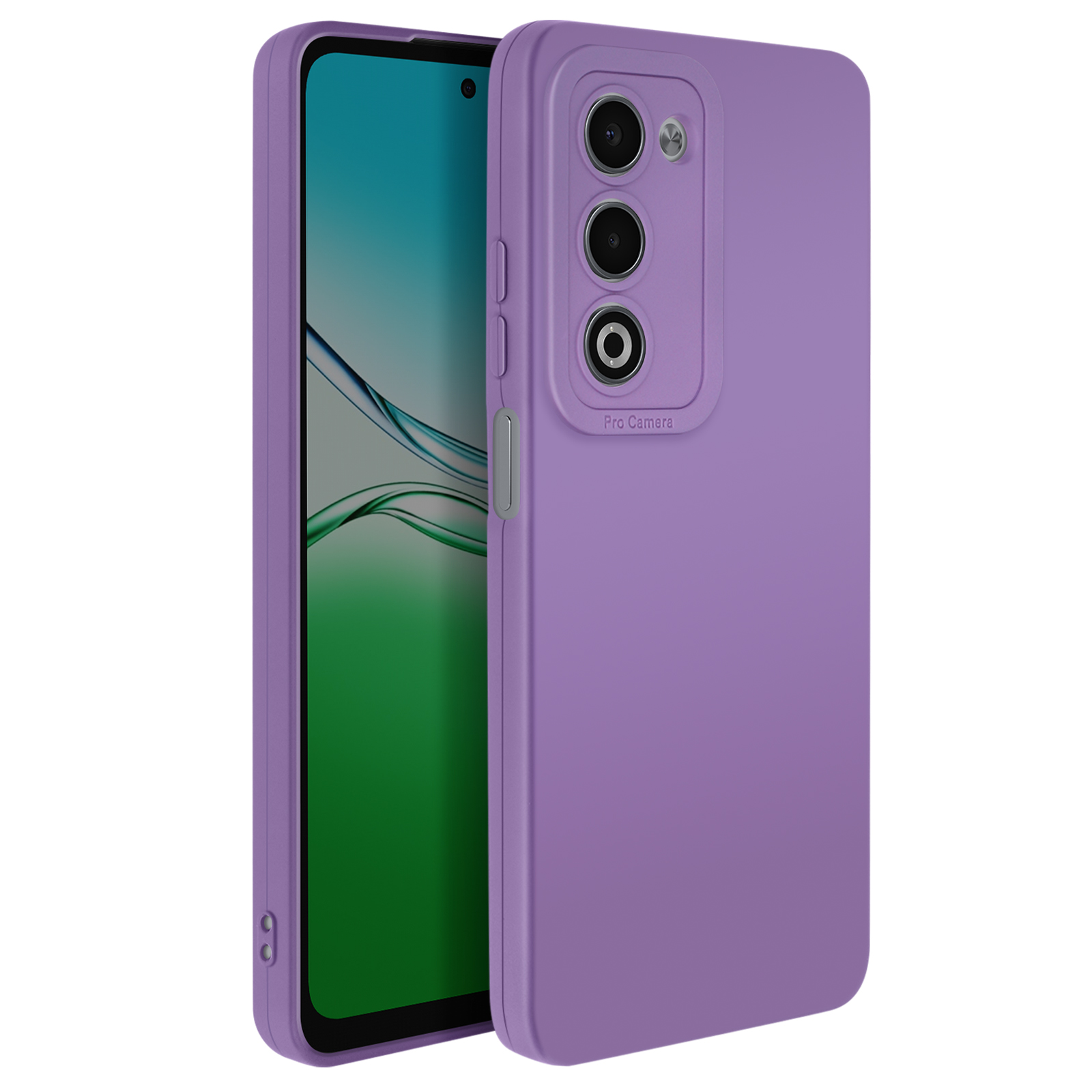 Un telefono viola con una custodia abbinata. Lo schermo mostra uno sfondo luminoso e colorato.